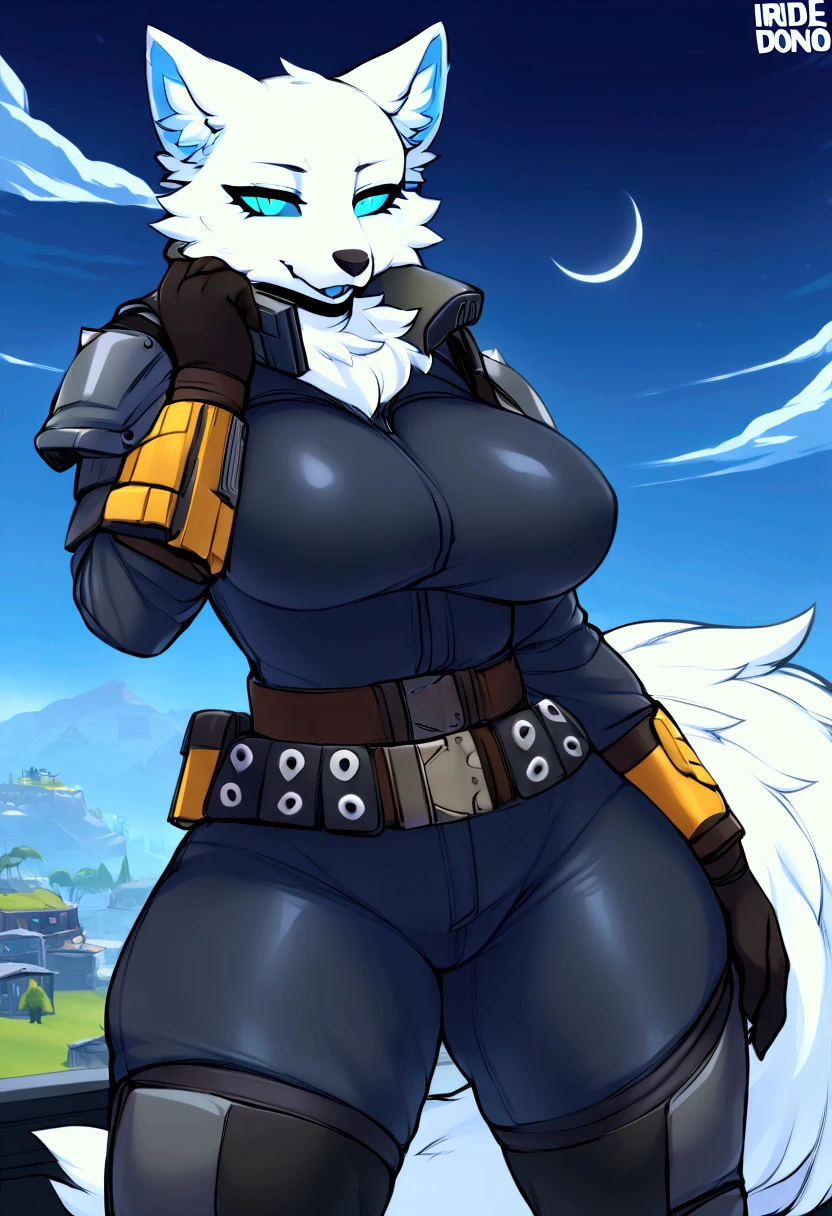 (top quality, best quality, Iriedono, High-quality illustrations, masterpiece, perfect artwork, cinematic light and shading, 16k, 1080p, uploaded on e621)(kemono, furry, anthro, alone), 1 larger female, (very detailed body, face, tail, arms, hands, legs, head and eyes), Helldiver, arctic white fox, Volpez, (Fortnite), big breasts, thick thighs, white fur, fluffy, white fox ears, white fox fluffy tail, perfect eyes, blue sclera eyes, beautiful Helldiver outfit, beautiful Helldiver armor, beautiful night, body movement, body twitching, jiggle physics,