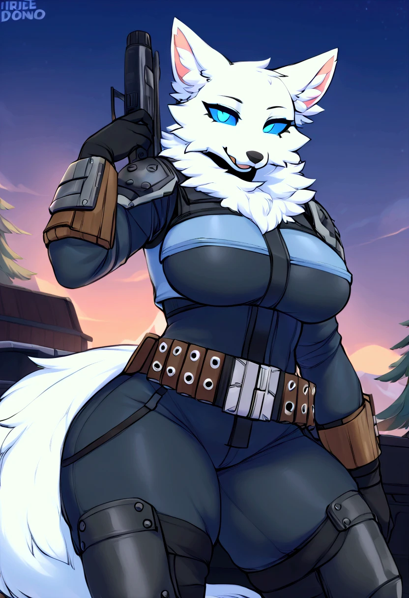 (top quality, best quality, Iriedono, High-quality illustrations, masterpiece, perfect artwork, cinematic light and shading, 16k, 1080p, uploaded on e621)(kemono, furry, anthro, alone), 1 larger female, (very detailed body, face, tail, arms, hands, legs, head and eyes), Helldiver, arctic white fox, Volpez, (Fortnite), big breasts, thick thighs, white fur, fluffy, white fox ears, white fox fluffy tail, perfect eyes, blue sclera eyes, beautiful Helldiver outfit, beautiful Helldiver armor, beautiful night, body movement, body twitching, jiggle physics,