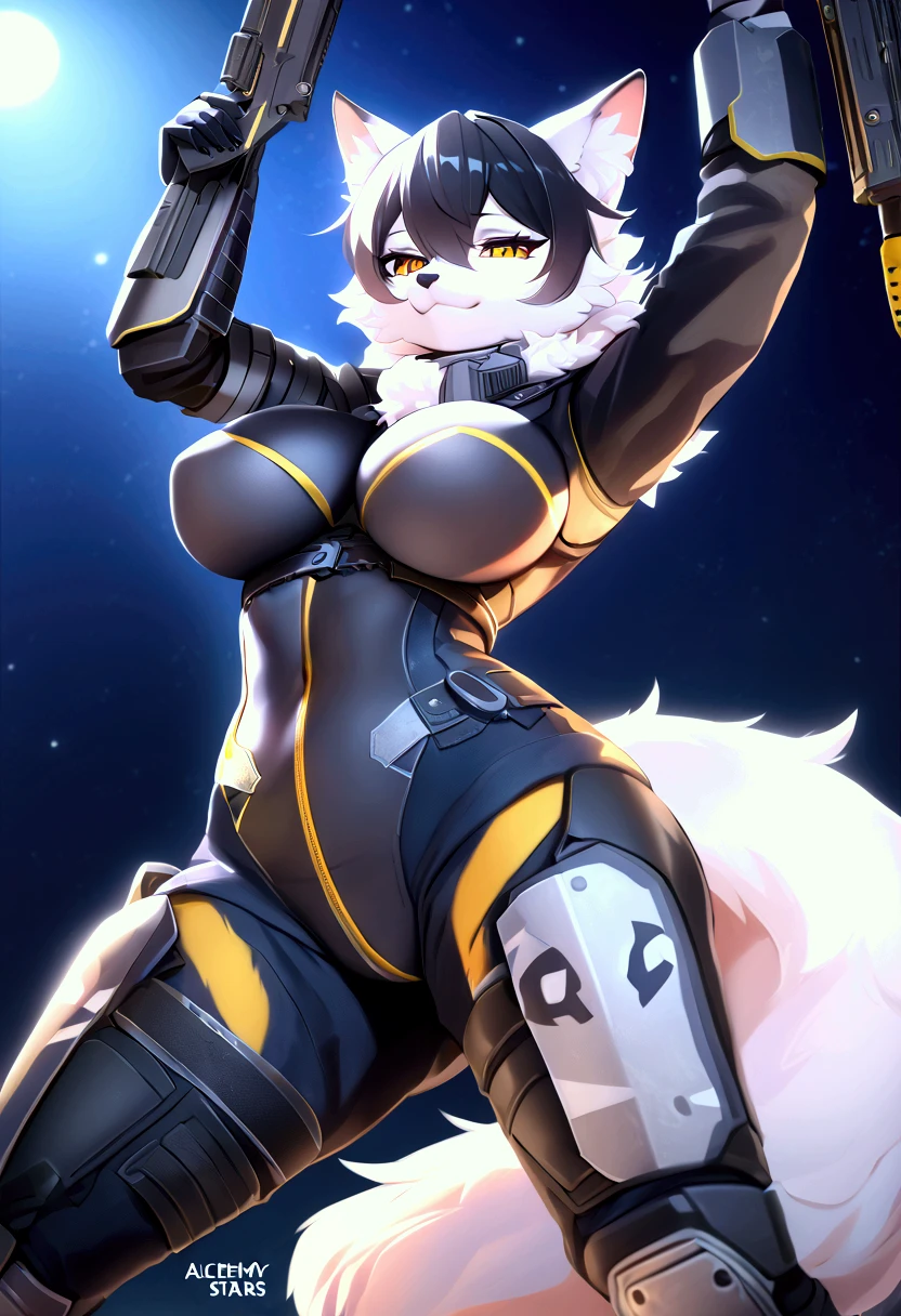 (top quality, best quality, High-quality illustrations, masterpiece, perfect artwork, cinematic light and shading, 16k, 1080p, uploaded on e621)(kemono, furry, anthro, alone), 1 larger female, (very detailed body, face, tail, arms, hands, legs, head and eyes), Helldiver, white fox, Tiare, (Alchemy Stars), white fur, fluff, big breasts, two fluffy tails, perfect eyes, yellow eyes, black pupils, black hair, beautiful Helldiver armor, beautiful Helldiver bodysuit, beautiful night, body movement, body twitching, jiggle physics, looking at viewer