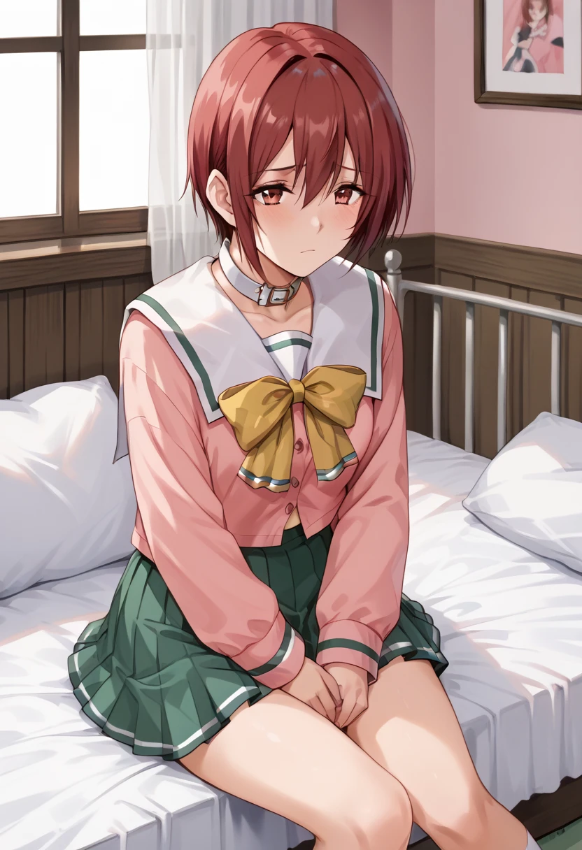 Asami Kurihara, school uniform,  pink shirt, White collar,  yellow ribbon, very shortcut hair,  Bedroom, sad, sitting on the bed