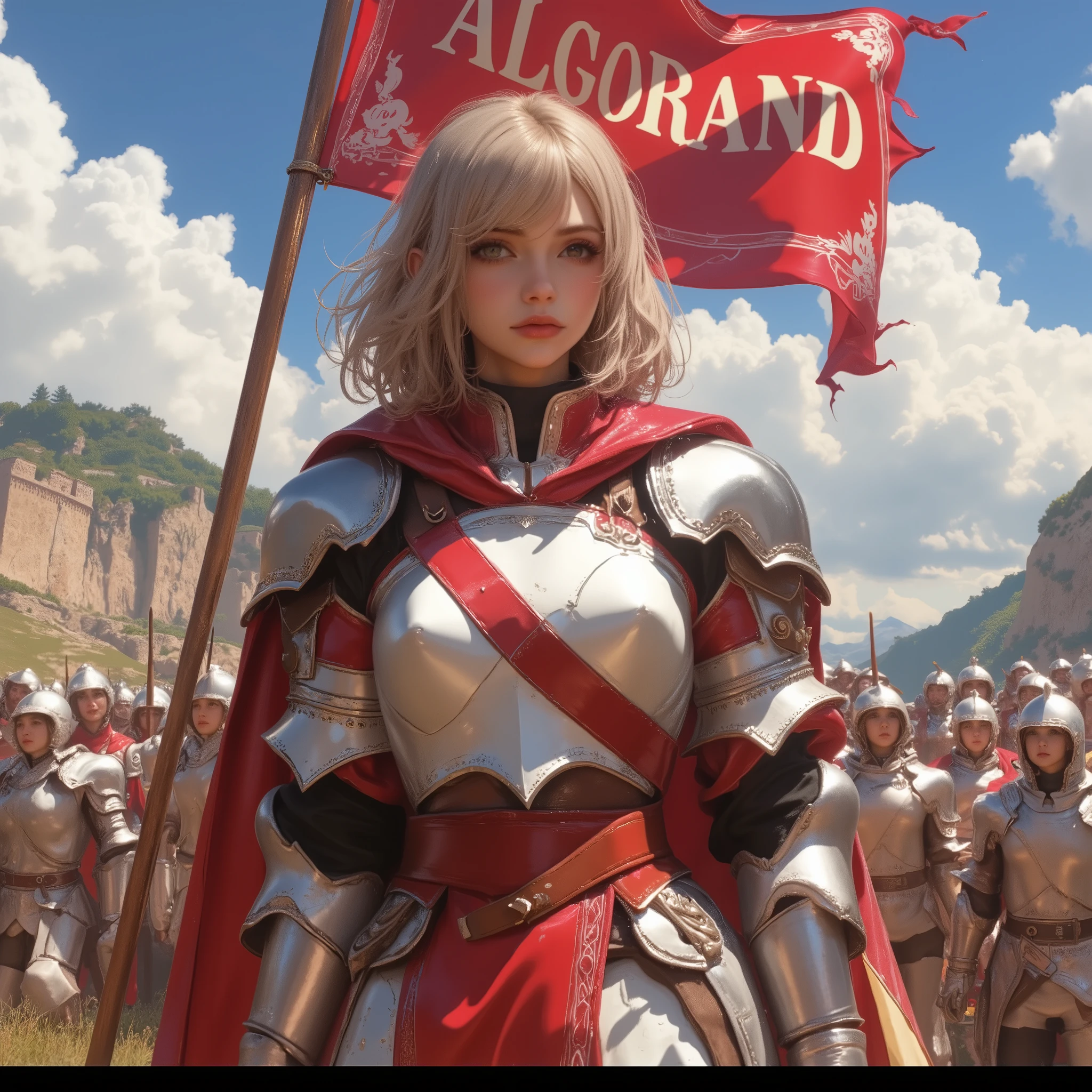 Joan of Arc standing atop a hill, her "ALGORAND" banner waving in the wind, as rows of soldiers below look up to her with admiration. Her armor gleams in the sunlight, and her expression is filled with determination. The camera frames her from the front, highlighting her role as a fearless leader. 90s Anime Style. --style raw --profile 7l3indq --stylize 250 --v 6.1