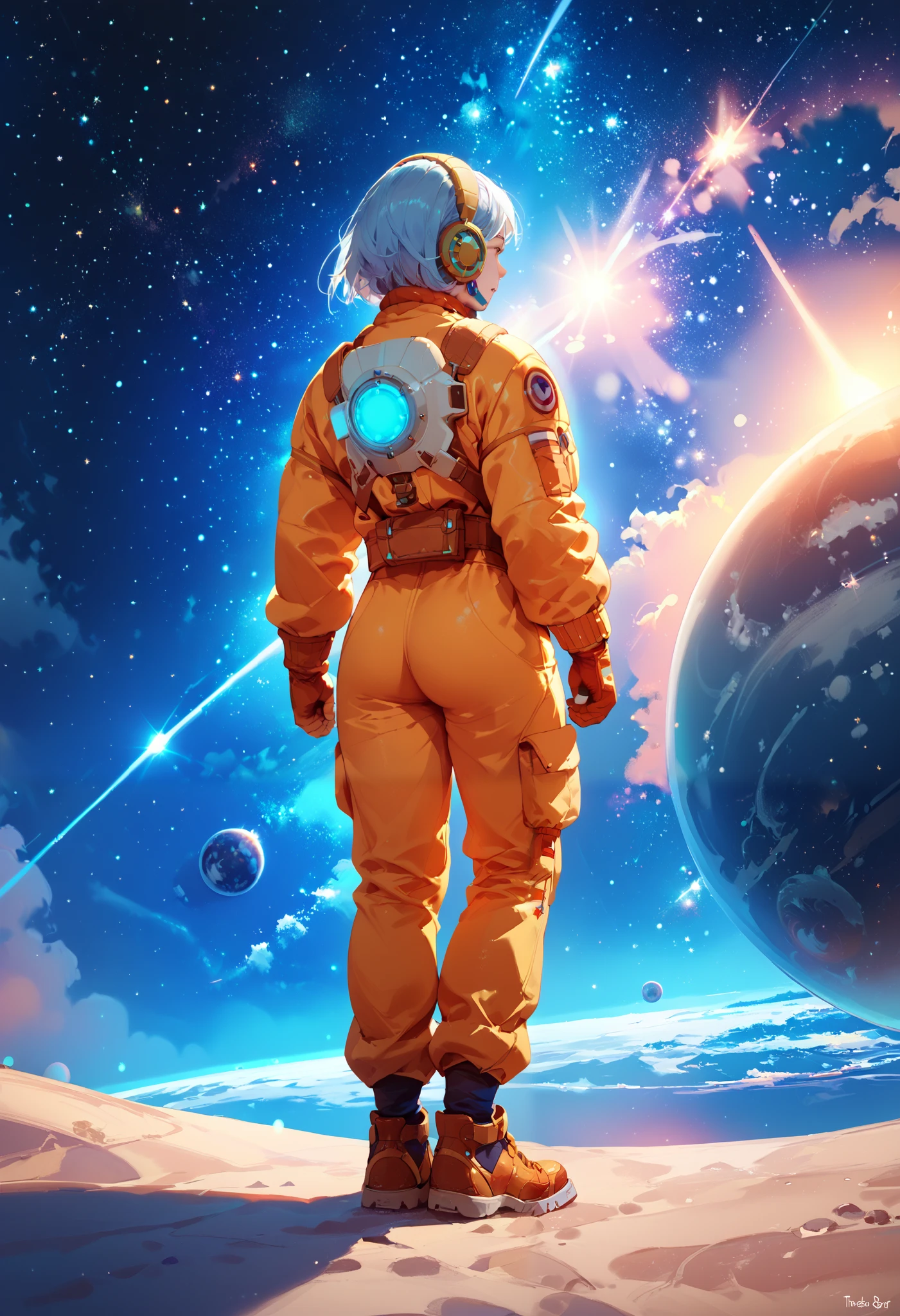 1girl, solo, space traveler, back shot, full body, from afar, space suit, epic pose, starry night, glowing atmosphere, space theme, (blurry background), depth of field, masterpiece, best quality, good quality, newest, ultra quality, high detailed