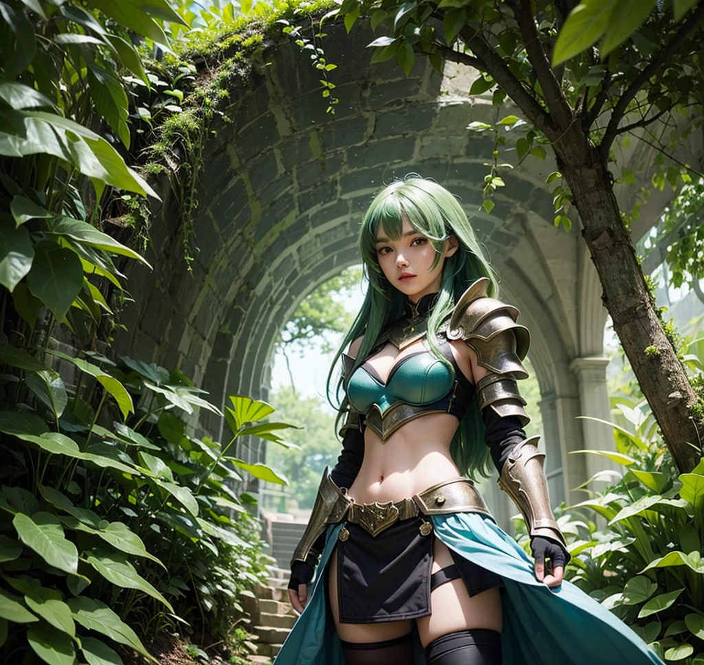 green long hair,Nice face,Red bikini armor,,the emperor,crown heterochromatic pupil,ssmile,rays of sunshine,fully body photo,the soft light,The stands up,dream-state
