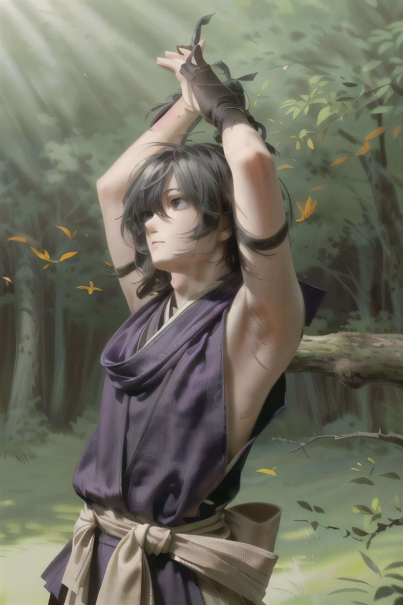 ((Best quality, 8k, 32k, Masterpiece, UHD:1.2), "Transform the setting into a dynamic forest scene featuring a ninja leaping gracefully above the treetops. The trees are tall and dense, with their canopies forming a lush, green tapestry that filters the sunlight into dappled patterns on the forest floor below. The ninja is captured mid-leap, their form shrouded in a sleek, dark outfit that blends seamlessly with the shadows. A flowing scarf or sash trails behind them, emphasizing the motion and speed of their leap. The trees are depicted with intricate detail, from the rough bark of the trunks to the delicate, overlapping leaves that sway in the wind. Some branches bend slightly under the weight of the ninja's previous landing, while others are obscured in a mist that adds an air of mystery to the setting. The background shows a faint hint of rolling mountains and a sunrise or sunset sky painted in hues of orange, pink, and purple, adding depth to the scene. The atmosphere is alive with the sounds of the forest—chirping birds, rustling leaves, and the distant rush of a stream. Subtle motion lines or faint trails of leaves disturbed by the ninja’s passage highlight the fluidity of their movement, creating an image full of energy and stealth."