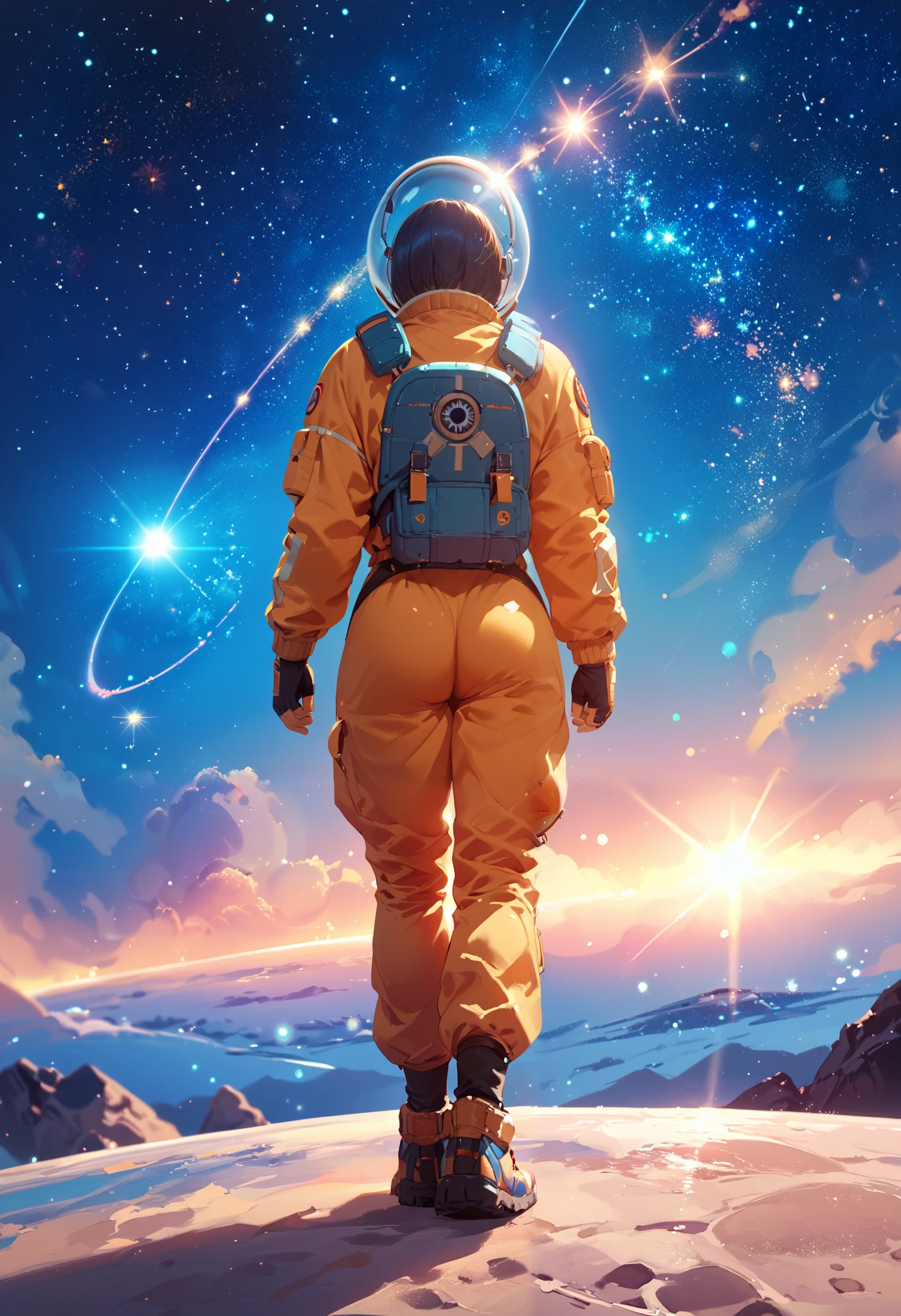 1girl, solo, space traveler, back shot, full body, from afar, space suit, epic pose, starry night, space theme, (blurry background), depth of field, masterpiece, best quality, good quality, newest, ultra quality, high detailed