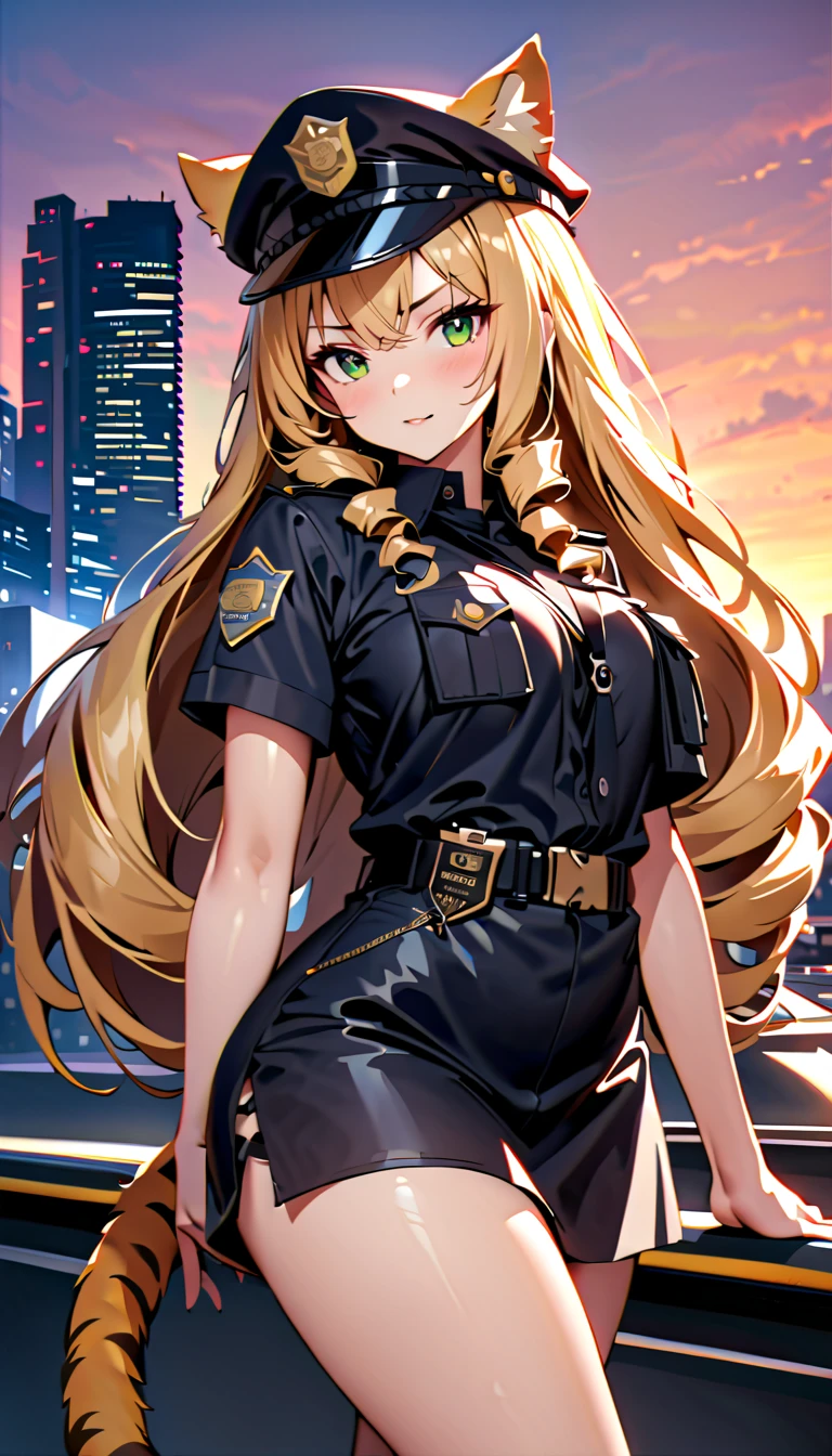 high quality, 8k, 4k, high contrast, masterpiece:1.2, best quality, best aesthetics), Sexy female police officer, Detailed face and body, (green eyes, animal ears, tiger tail), Beautiful breasts, confident look, (blonde hair, long hair, drill hair), Shiny black uniform, Black headwear, Black tight skirt, Tactical belt with equipment, police badge and Name Tags, Full body view, posing with a police car, Flashing police car lights against, city skyline, Sunset, sun, rays