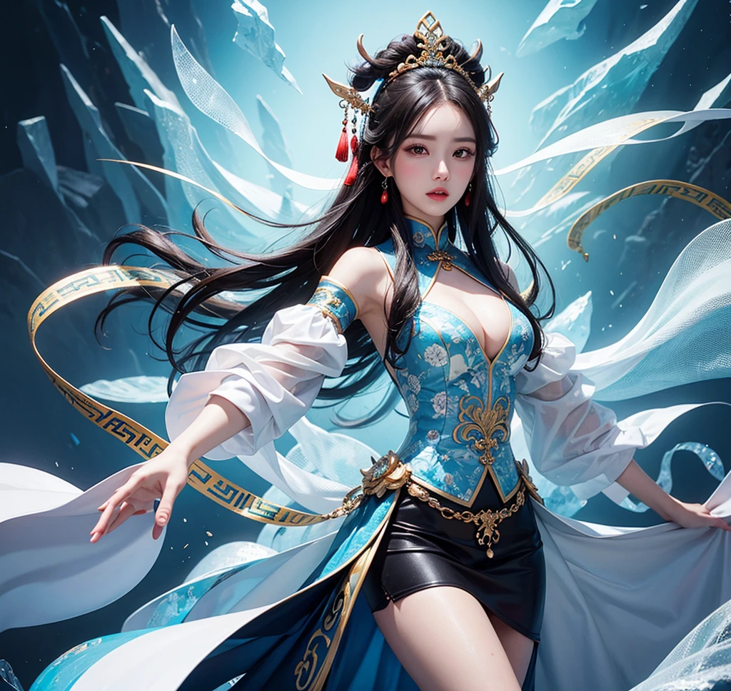 1 woman. Beautiful young woman. 25 years old. Beautiful Indonesian tribe queen. White skin. Powerful shaman. Indonesian Hogwarts. Shaman professor. shaman tribe hat. Black hair. Blue sexy transparent shaman suit no pants. No bra. No underwear. Blue shaman cloak. Flat chest. Holding the blue orbz. Blue Sapphire large necklace. shaman room. Beautiful face. Standing pose. Shaman statue. Blue temple. Shamanic logo on the wall. Smile.