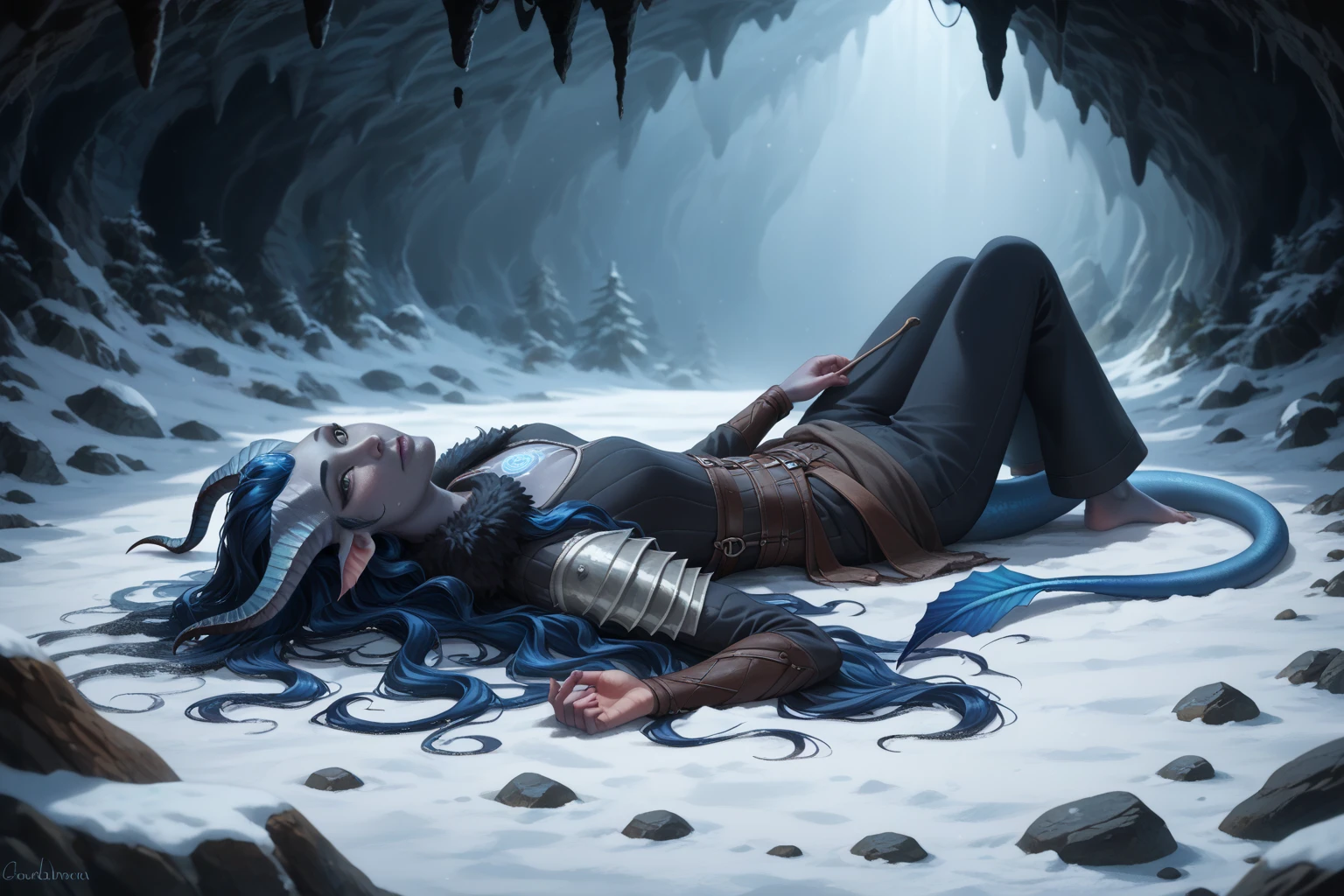 (A snow-covered cedar ,  the winter cedar forest against the background of ), (1Тiefling ,  dark blue-gray skin :1.5), (One), ( very thick long tiefling dragon tail :1.5), ( long black flowing hair with dark blue tips:1.4), ( the bright blue-black pigmentation on the face :1.5), (blue-black freckles :1.2) , ( 2little fins on their heads :1.4), ( Black eyes :1.6), (blue pupils:1.1), ( blue-black pigmentation on the skin :1.5), ( dark grey straight short horns ), (there is a medallion with smoldering charcoal on the chest :1.3),  ( blue and black pigmentation on the tail :1.5),  girl  , (kind face), (на лице эмоции от coldа), ( medieval fur pants ), (coldно:1.2), [curiosity ], (35 years old:1.5), (adult:1.2), (Deep look:1.3), (lying on his back on the ground :1.6), (daydreaming ), ( stones in the fire pit are burning nearby), (broken stone slabs on the right), ( fur collar armor), ( fur armor ), ( medieval fur pants ), (chainmail), (you can see pigmentation on his shoulder ), (tail protection), [ snowy winter ], (in a dark, scary cave, :1.4), (visible in full), (очень coldно), (dark:1.2), (blizzard,  snow , cold) , ( top quality), ( masterpiece fails), ( highest detail),  fantasy background, blue tones, Dark tones, dark shades,  muted colors, [Night], (a dark scary cave in the background).