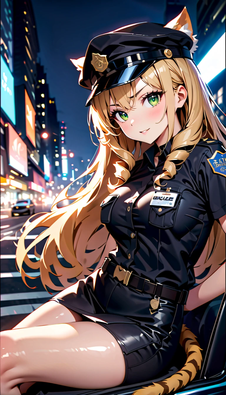 high quality, 8k, 4k, high contrast, masterpiece:1.2, best quality, best aesthetics), Sexy female police officer, Detailed face and body, (green eyes, animal ears, tiger tail), Beautiful breasts, confident look, (blonde hair, long hair, drill hair), Shiny black uniform, Black headwear, Black tight skirt, Tactical belt with equipment, Glossy Badges and Name Tags, Sitting on a police car, Full view of the police car, Flashing police car lights against cityscape background, Lights of the night city, Full body view