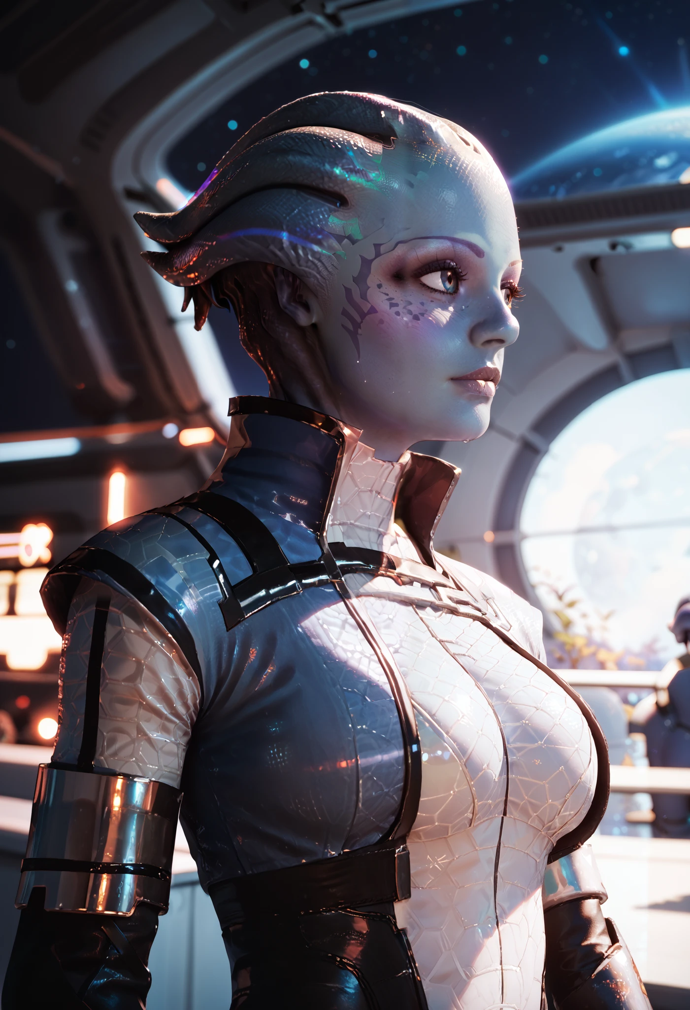 1girl, solo, asari, blue skin, futuristic outfit, medium breasts, starry night, space station, space theme, (blurry background), depth of field, masterpiece, best quality, good quality, newest, ultra quality, high detailed