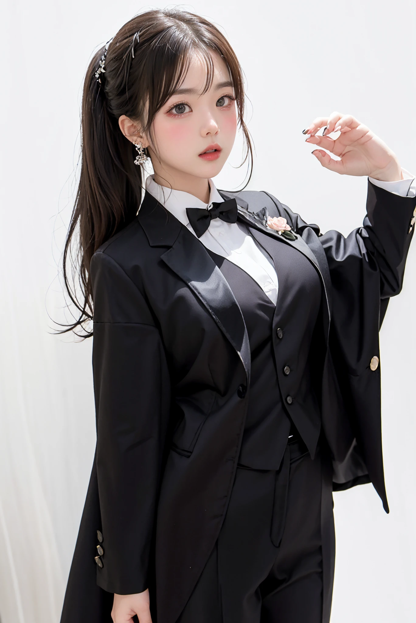  One Girl , black random formal clothes,  white background, 