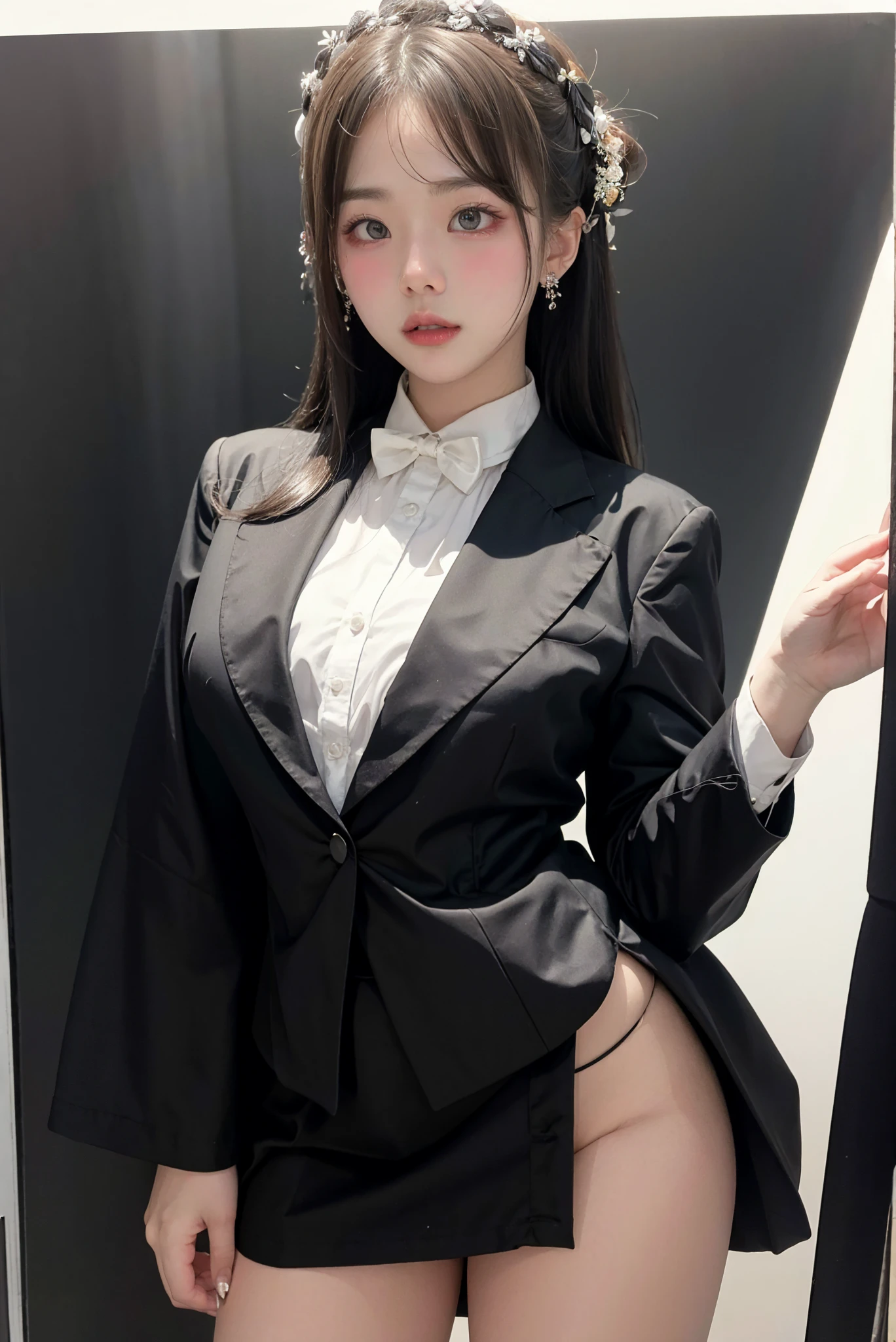  One Girl , black random formal clothes,  white background, 