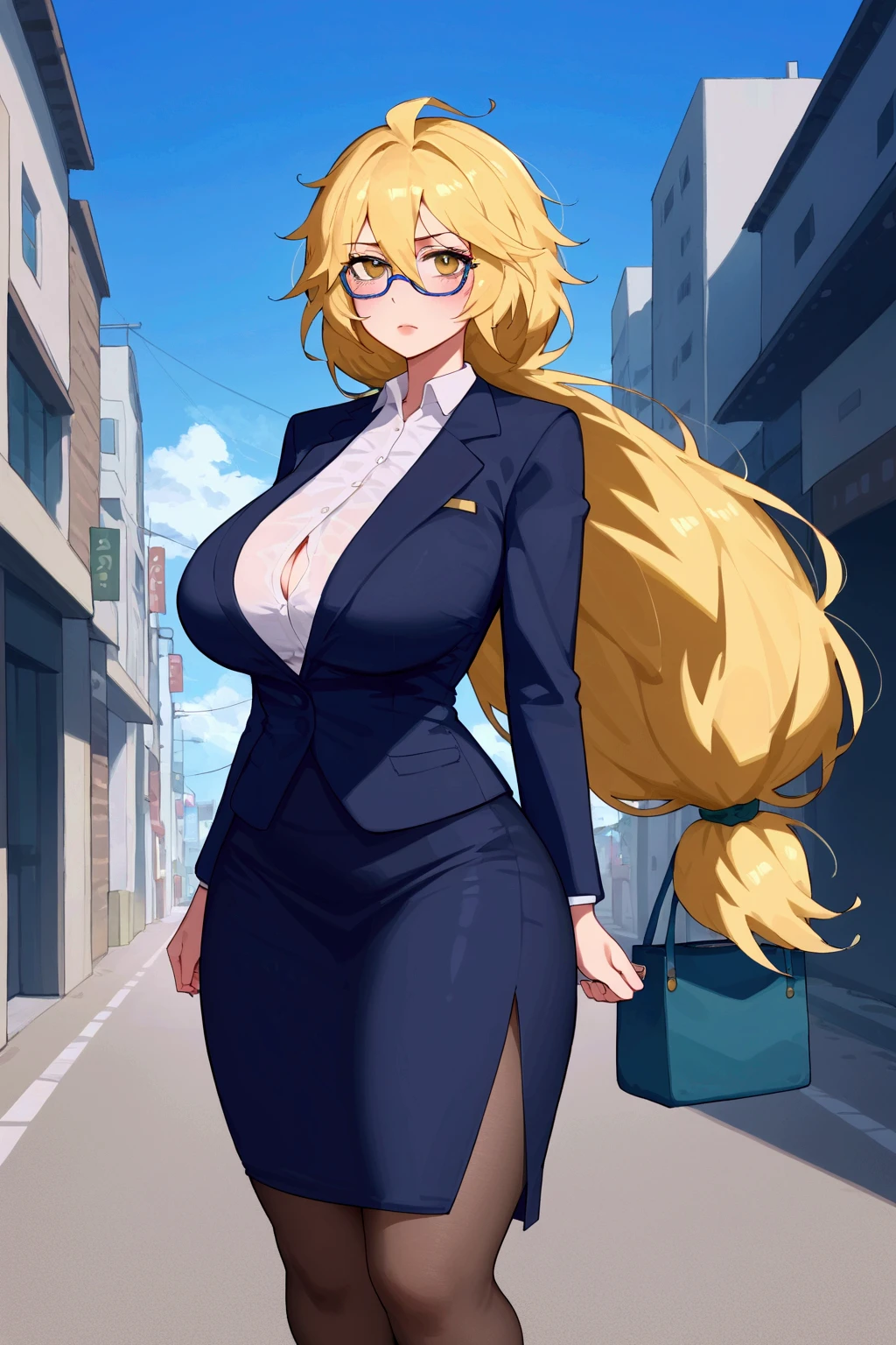 elijahzx style, score_9, score_8_up, 8k, mature female, yellow hair, long hair, messy hair, big hair, hair between eyes, long sidelocks, low-tied long hair, braided ponytail, gold eyes, blue glasses, stern, large breasts, narrow waist, wide hips, thick thighs, outdoors, streets, blazer, dress shirt, pencil skirt, side slit, pantyhose, standing, from front,