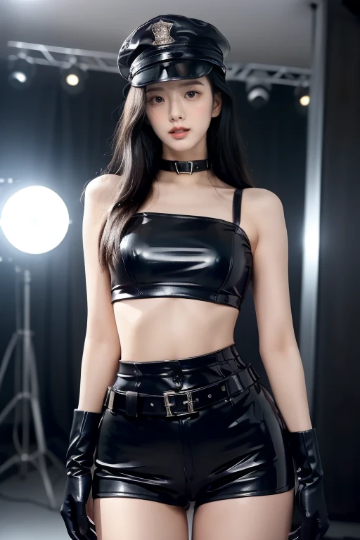 a beautiful young asian woman,long flowing hair,black latex croptop,black shorts,black elbow gloves,thigh-high black boots,police hat,detailed face,high quality,photorealistic,8k,masterpiece,professional,studio lighting,ultra-detailed,extremely detailed facial features,extremely detailed eyes and face,beautiful detailed eyes,beautiful detailed lips,realistic,cinematic lighting,dramatic lighting,stunning,breathtaking,elegant,graceful,powerful,badass, sexy pose