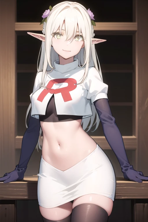1girl,blue-purple eyes,large breasts,albionsuccubus,bat wings, team rocket,team rocket uniform,white skirt,red letter R,crop top,black thigh-highs,black elbow gloves