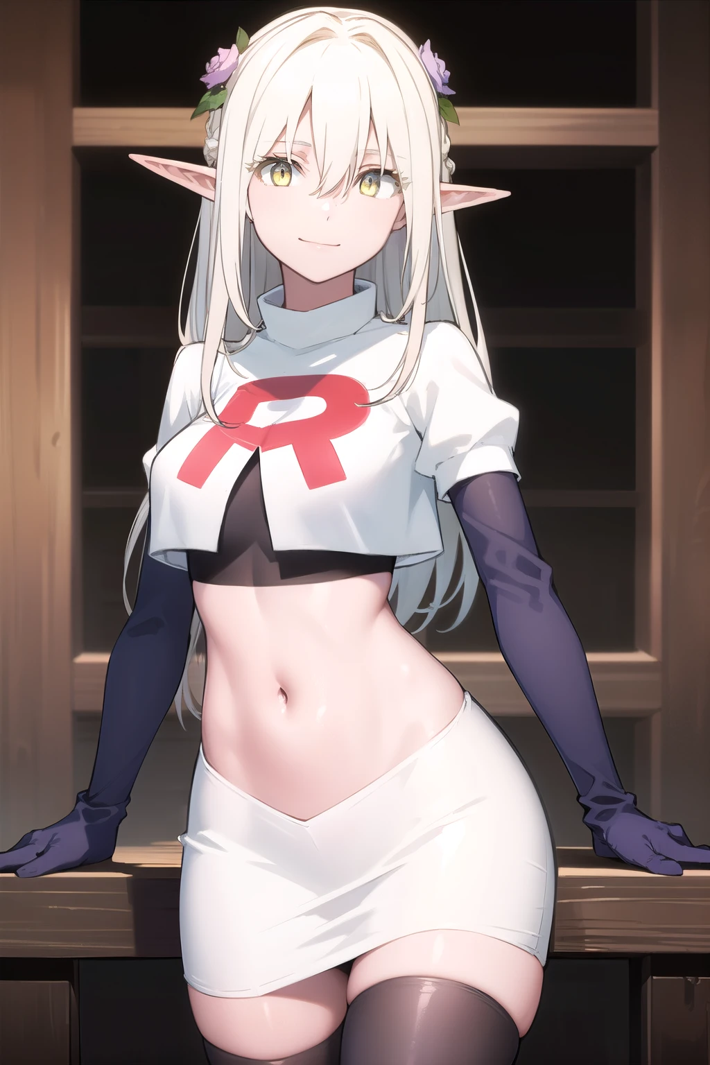 forestprincess, forest princess, long hair, hair ornament, hair between eyes, (yellow eyes:1.3), white hair, flowers, pointy ears, hair flower, rose, hair intakes, elf, smile,
BREAK team rocket,team rocket uniform,white skirt,red letter R,crop top,black thigh-highs,black elbow gloves,
BREAK looking at viewer, (cowboy shot:1.5),
BREAK (masterpiece:1.2), best quality, high resolution, unity 8k wallpaper, (illustration:0.8), (beautiful detailed eyes:1.6), extremely detailed face, perfect lighting, extremely detailed CG, (perfect hands, perfect anatomy),