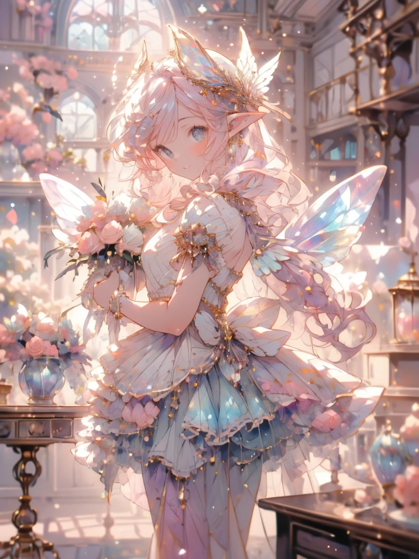 (masterpiece,Highest quality, Very detailed, beautiful, Exquisite, 16K, Full HD), (sunlight,sunny,Petals fluttering,garden),((smile,Happy:1.5)),((Frills, Rhinestones and flowers,Sparkling fluffy layered ball gown)), Lots of flowers,Floral decoration,((Surrounded by roses)),((Butterfly Wings)),(Pink medium hair,Hair blowing in the wind, Fluffy hair),(White skin,Lavender eyes, Long eyelashes, Big eyes,Pale pink cheeks, Pointy Ears),Dazzling Light, Warm lighting, (pastel colour,Tabletop, Art Station, Fantasy art:1.2),