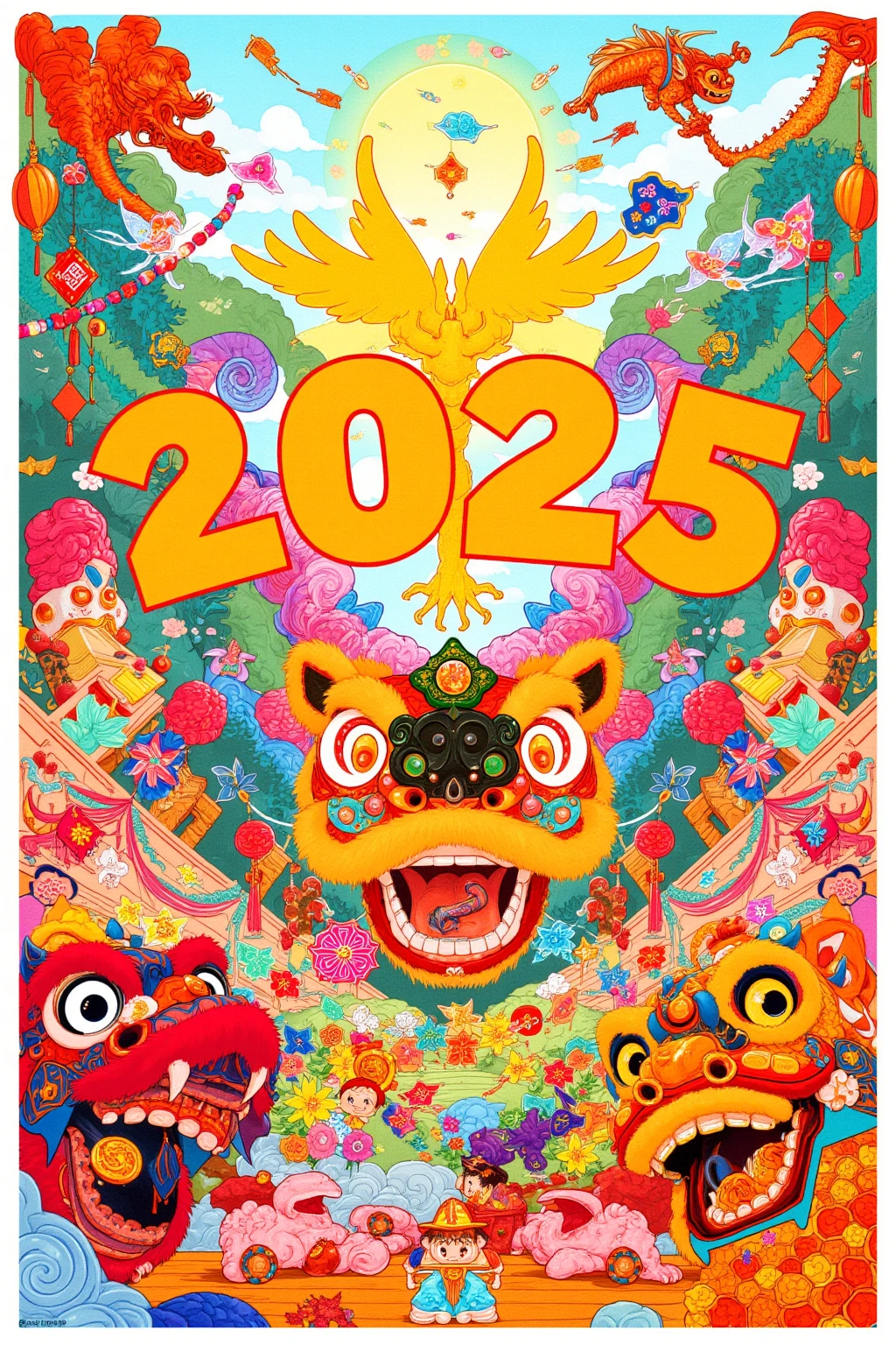 Illustration imaging New Year Party, Happy New year, Large letter "2025", collage art, A New Year's Lion Dance performing, A dragon flying up the sky, kite flying, First Sunrise, Pop color