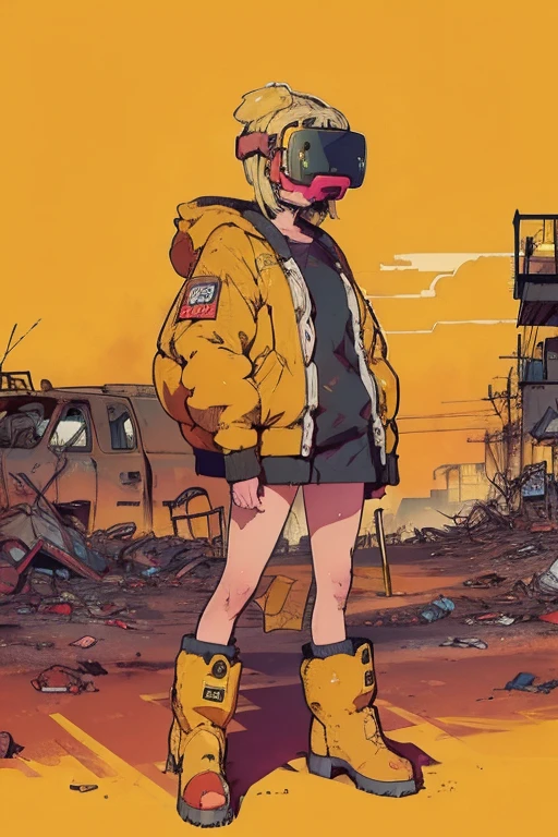     full body portrait  , (   super detailed  ,   Super high resolution ,    detailed background ),((2D)),((   flat color)),((achromatic   )),   one girl ,,    viewers,    loose red flight suit   ,    Wear a large sheepskin bomber jacket, (  big yellow boots   ),  Plush color   ,     full body portrait  ,  Wear VR goggles  , ((Ruined Industrial Area )),   Expressing the whole body , ((   drone next to her   )),  Pop Art Style ,  exoskeleton like a turtle, chibi anime