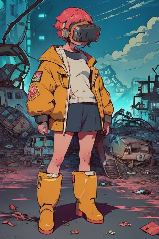     full body portrait  , (   super detailed  ,   Super high resolution ,    detailed background ),((2D)),((   flat color)),((achromatic   )),   one girl ,,    viewers,    loose red flight suit   ,    Wear a large sheepskin bomber jacket, (  big yellow boots   ),  Plush color   ,     full body portrait  ,  Wear VR goggles  , ((Ruined Industrial Area )),   Expressing the whole body , ((   drone next to her   )),  Pop Art Style ,  exoskeleton like a turtle, chibi anime