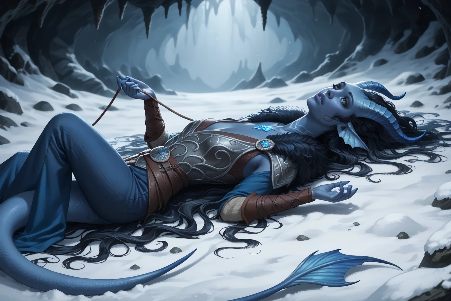 (A snow-covered cedar ,  the winter cedar forest against the background of ), (1Тiefling ,  dark blue-gray skin :1.5), (One), ( very thick long tiefling dragon tail :1.5), ( long black flowing hair with dark blue tips:1.4), ( the bright blue-black pigmentation on the face :1.5), (blue-black freckles :1.2) , ( 2little fins on their heads :1.4), ( Black eyes :1.6), (blue pupils:1.1), ( blue-black pigmentation on the skin :1.5), ( dark grey straight short horns ), (there is a medallion with smoldering charcoal on the chest :1.3),  ( blue and black pigmentation on the tail :1.5),  girl  , (kind face), (на лице эмоции от coldа), ( medieval fur pants ), (coldно:1.2), [curiosity ], (35 years old:1.5), (adult:1.2), (Deep look:1.3), (lying on his back on the ground :1.6), (daydreaming ), ( stones in the fire pit are burning nearby), (broken stone slabs on the right), ( fur collar armor), ( fur armor ), ( medieval fur pants ), (chainmail), (you can see pigmentation on his shoulder ), (tail protection), [ snowy winter ], (in a dark, scary cave, :1.4), (visible in full), (очень coldно), (dark:1.2), (blizzard,  snow , cold) , ( top quality), ( masterpiece fails), ( highest detail),  fantasy background, blue tones, Dark tones, dark shades,  muted colors, [Night], (a dark scary cave in the background).