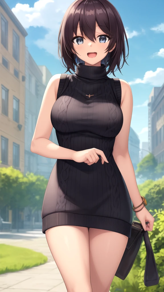 masterpiece, best quality, girl, solo, looking at viewer, noir_stalgia, large breasts, sweater dress, ribbed sweater, virgin killer sweater, turtleneck, sleeveless, standing, smile, open mouth, outdoors 