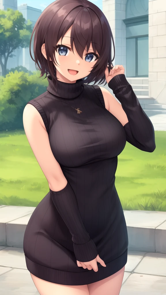 masterpiece, best quality, girl, solo, looking at viewer, noir_stalgia, large breasts, sweater dress, ribbed sweater, virgin killer sweater, turtleneck, sleeveless, standing, smile, open mouth, outdoors 