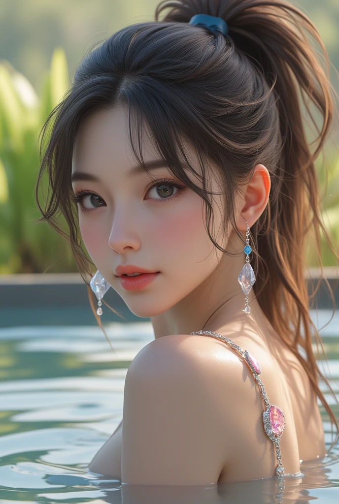(8K), (Best Quality: 1.2), (Realistic), (Photorealistic: 1.37), Ultra High Definition, 1 Girl, Closed Mouth, Beautiful Details, Beautiful Nose in Detail, Best Image Quality, Outstanding Detail, Ultra High Resolution, Prefer Detail, Highly Condensed 1girl, Delicate and Beautiful Face, Long Hair, Tousled Hair, Hair Up, Lift Your Hair, Japan Hot Spring, Shoulder Out of Water, Wrap your whole body tightly with a bath towel to emphasize big, blush and cleavage