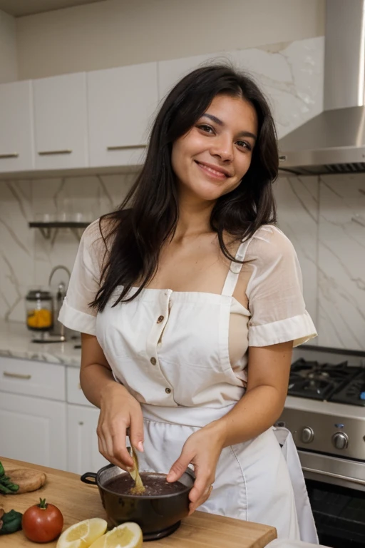 high detail view from side , an adorable short latina model mom is sitting at kitche table, a bowl full of semen is sitting in front of her, adorable smile as she thinks about how much she loves semen, wearing light-fabric pajamas with cleavage
