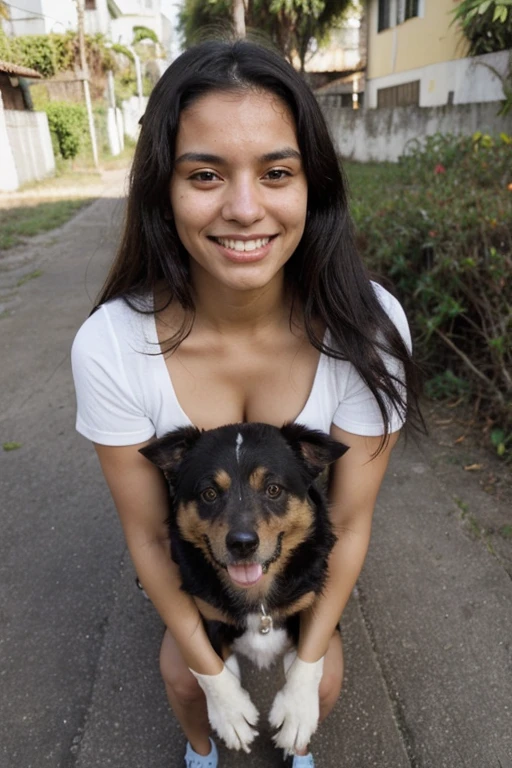 Brazilian white woman with round face, long wavy black hair, black eyes and very white skin, 
Next to a black labrador dog, dystopian reality, grassy place
