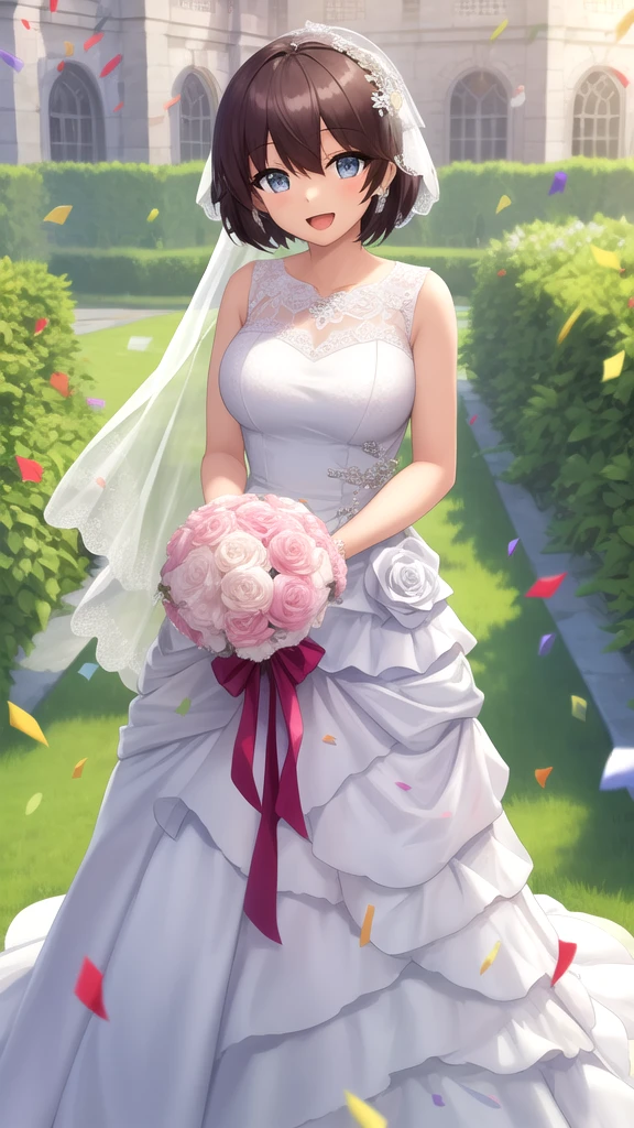 masterpiece, best quality, girl, solo, looking at viewer, noir_stalgia, large breasts, wedding Dress, standing, garden, confetti, holding bouquet, smile, open mouth,