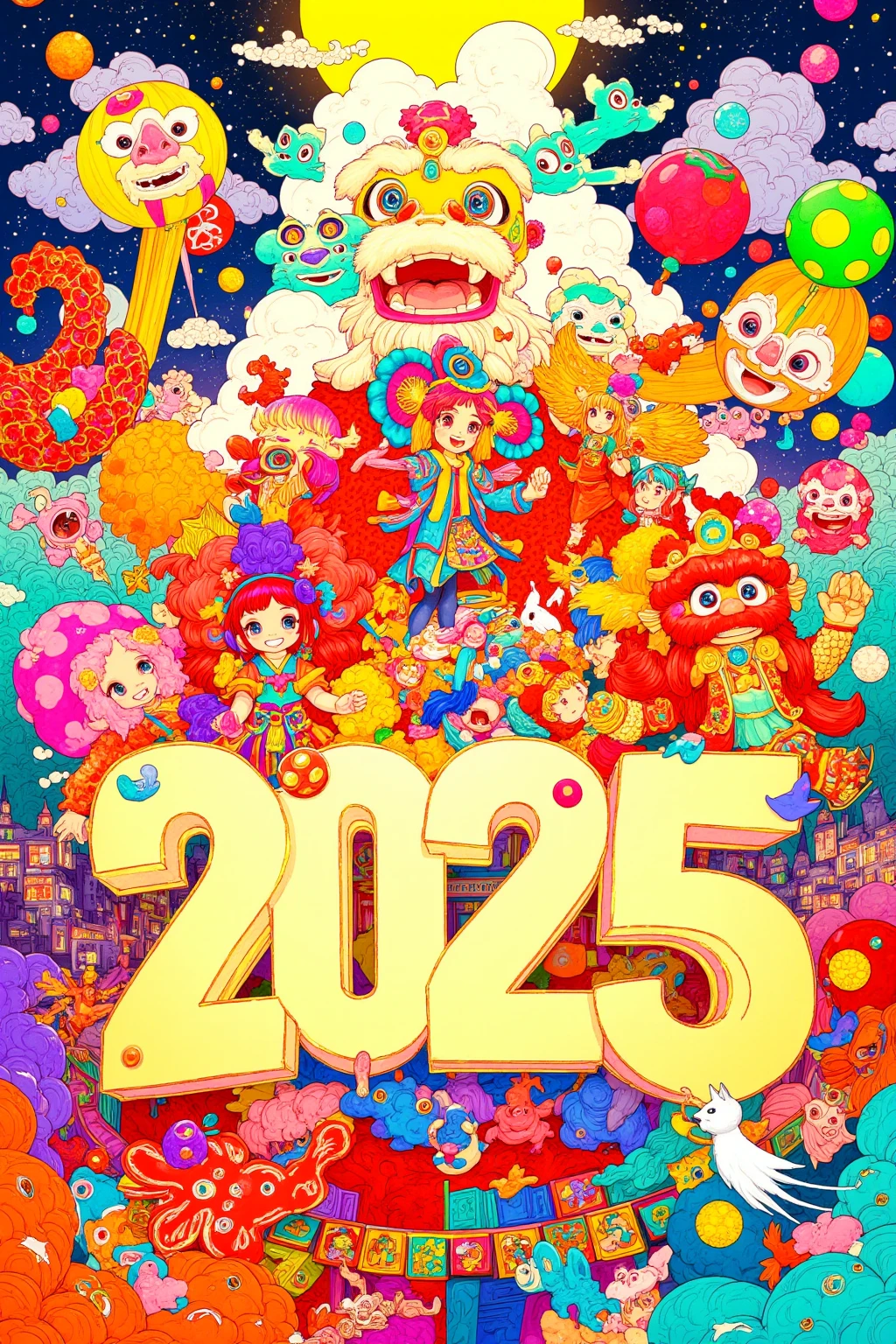 Illustration imaging New Year Party, Happy New year, Large letter "2025", collage art, A New Year's Lion Dance performing, A dragon flying up the sky, kite flying, First Sunrise, Pop color