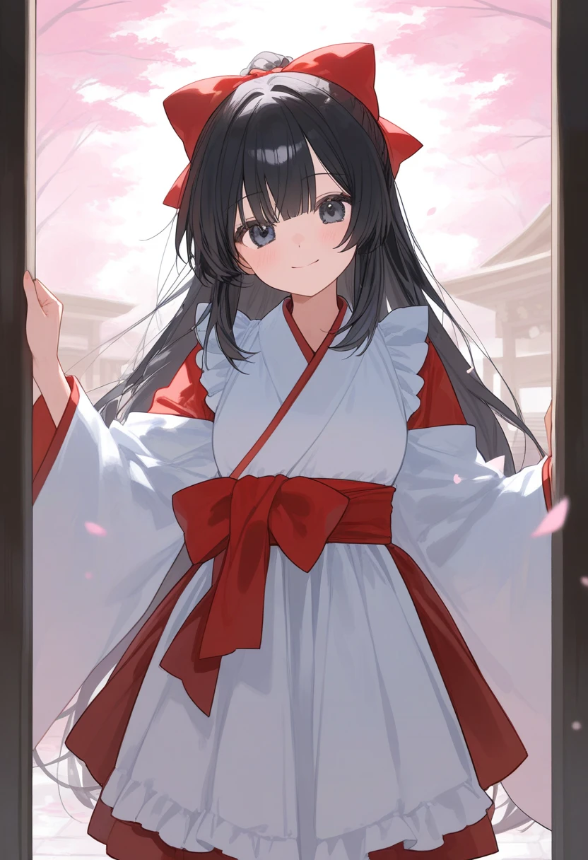 Black Hair　Shrine maiden　Holding a bow and arrow　smile　 cute