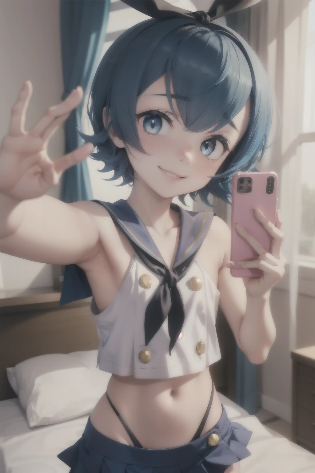 Anime style, 1 girl ,Lana  , young girl , loli  body ,solo , blue hair , flat chest ,  smug face smile , blush, Shimakaze Cosplay,  mini-skirt , bedroom , selfie 