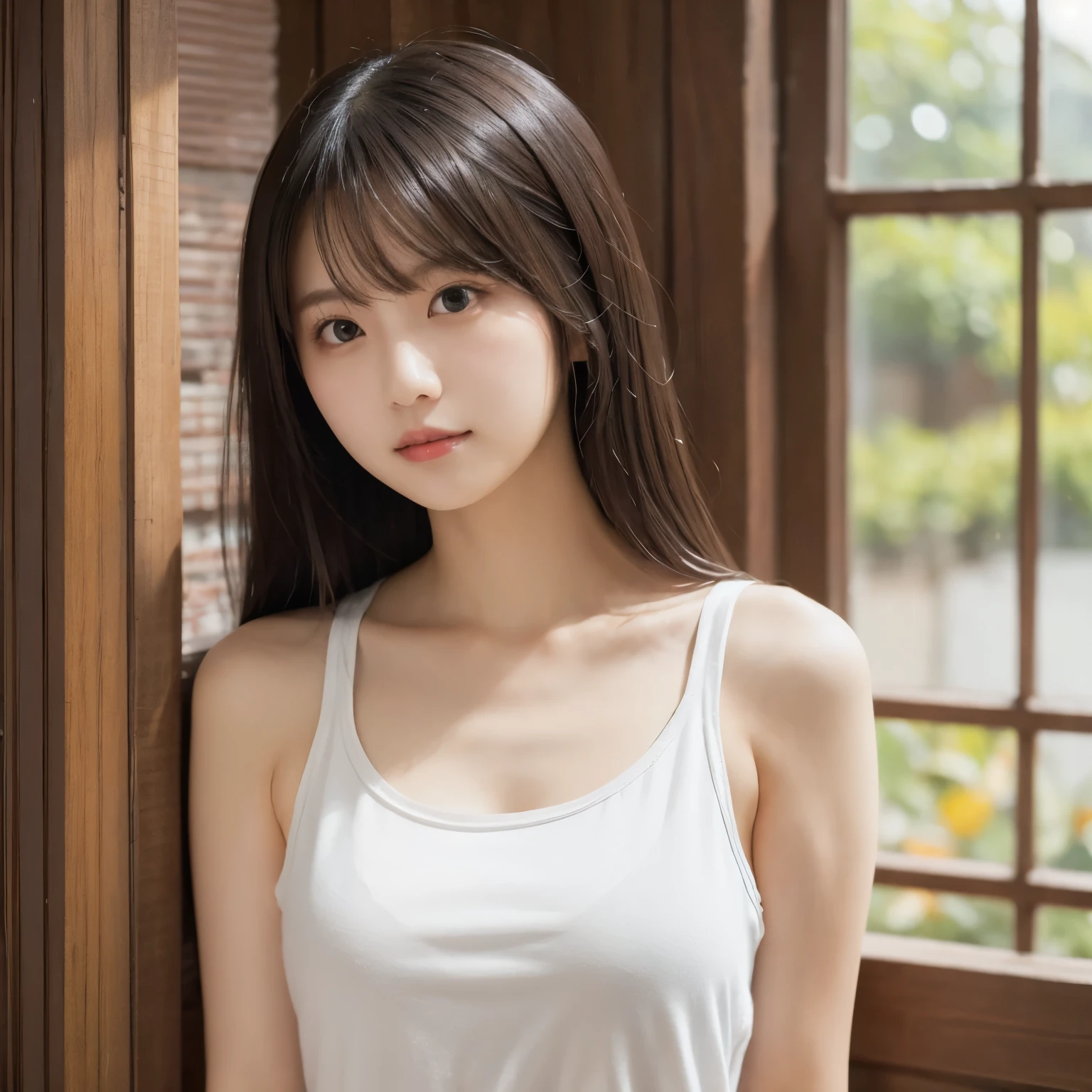  white tank top, Windowside with natural light , Soft backlight,  angle from an angle , Cut from the chest up ,  simple and natural atmosphere,  girl, busty,  black hair,  straight hair,  with bangs, 's greatest masterpiece,  professional lighting, 