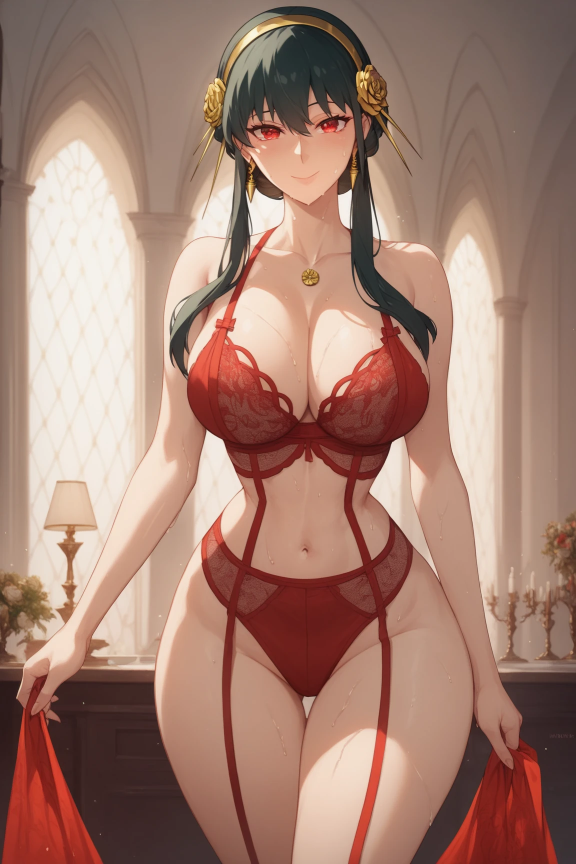 Yor Briar, black hair, (red eyes:1.5), earrings, gold hair clip, hairband, long hair, side locks, (big breasts:1.2), thin waist, wide hips, sweating, smiling, bare shoulders, collarbone, wearing, red lingerie, thighs, indoors, looking at viewer, (cowboy shot:1.5), (masterpiece:1.2), best quality, high resolution, 8k wallpaper, (illustration:0.8), (beautiful and detailed eyes:1.6), extremely detailed face, perfect lighting, extremely detailed CG, (perfect hands, perfect anatomy).