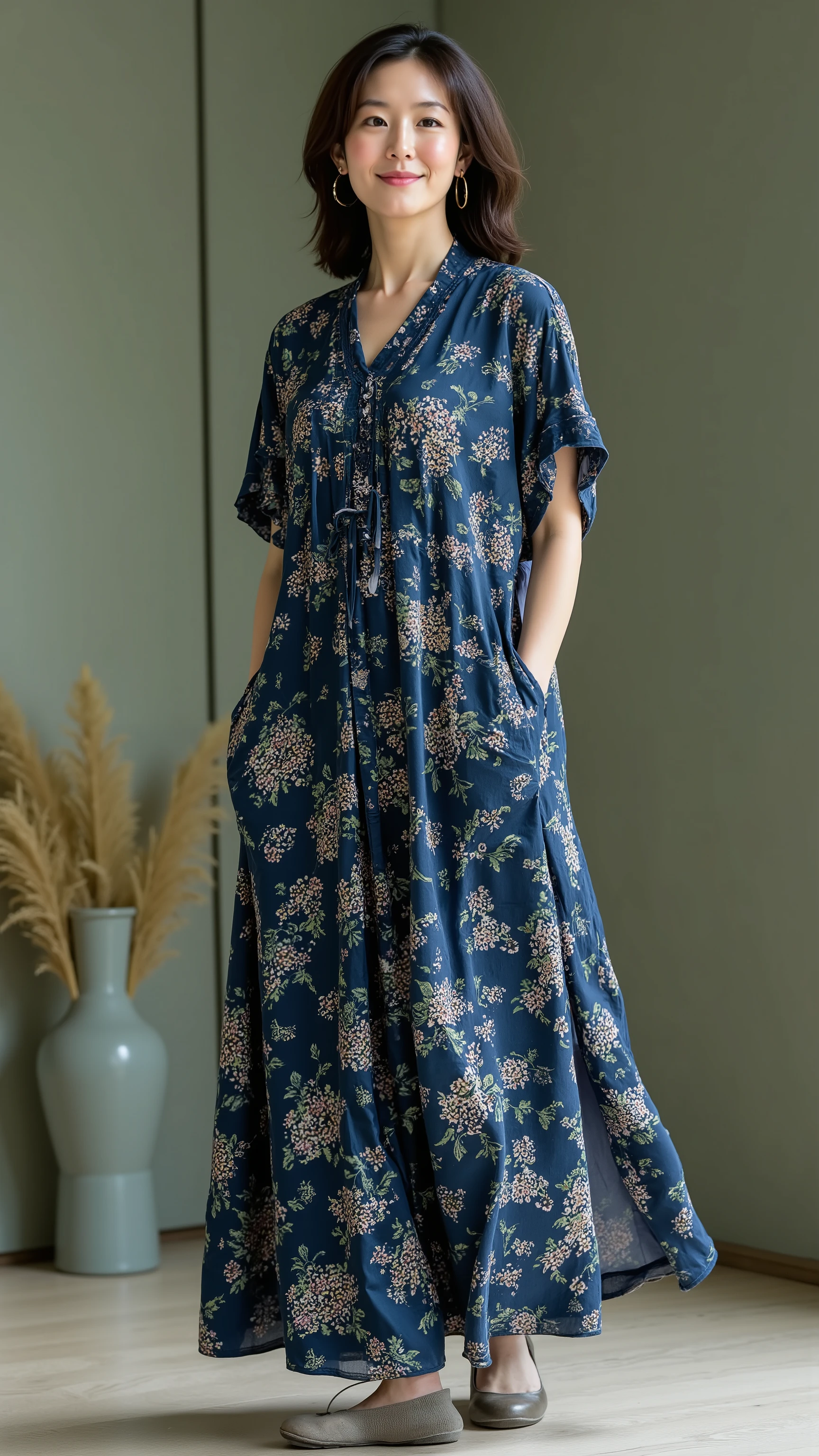 UHD, 16k, Masterpiece, top quality, Surrealism, Korean middle-aged woman,  ((  Dark blue flower-patterned short-sleeved maxi dress, flower-patterned with subtle and small dark green leaves, loose fit, light fabric, low-brow shoes ))  