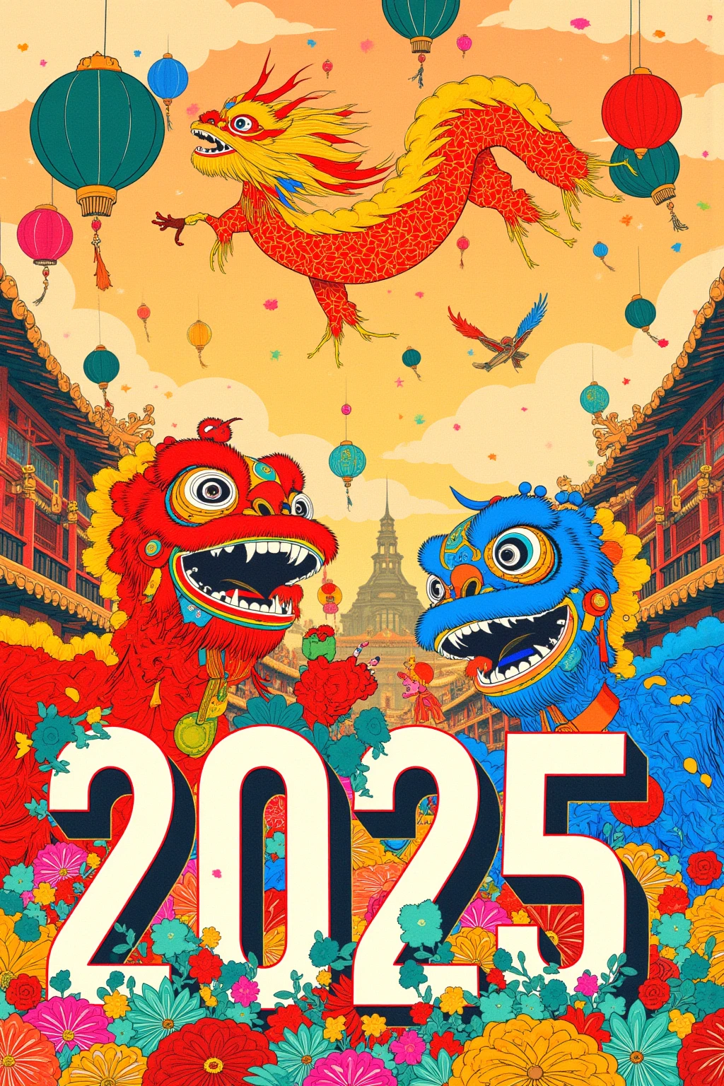 Illustration imaging New Year Party, Happy New year, Large letter "2025", collage art, A New Year's Lion Dance performing, A dragon flying up the sky, kite flying, First Sunrise, Pop color