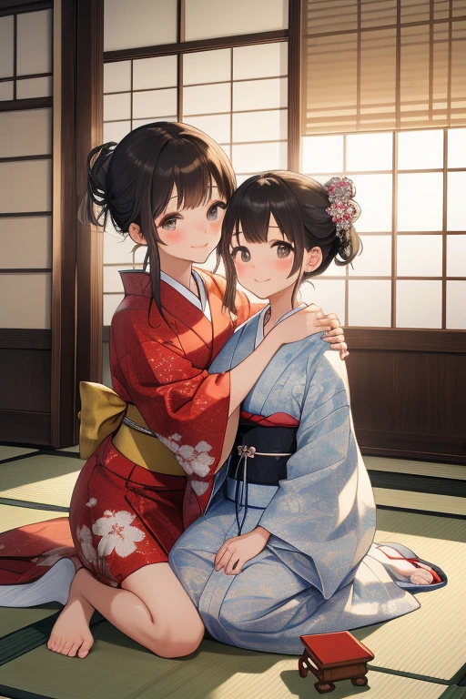 Realistic photo of two 7--old ls in Chinese colorful Hanfu practicing masturbation，Be red in the face，enjoying，ssmile，Kissing each other，In the wooden house，with short black hair，Poor milk，Barefoot，8k high res，Pubic area is clear，realistic detail，tmasterpiece