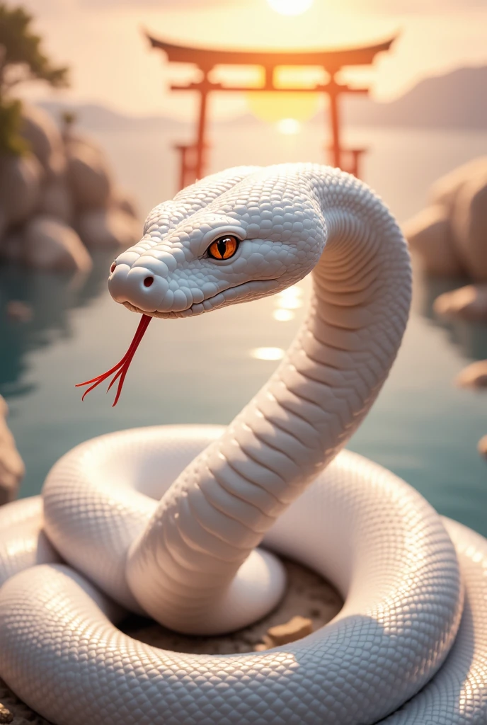 The photo reads "2025 Resurrection and Rebirth" in gold letters. A sacred white snake is coiled gracefully. Its shimmering scales have a pale pink petal pattern and reflect light like glass. The snake is calm, showing its red tongue and gazing at the viewer with its shining crimson eyes, exuding strength and grace. In the background, a shining spiritual cloud covers the image, a vermilion torii gate can be faintly seen in the distance, and the morning sun is about to rise, front view,