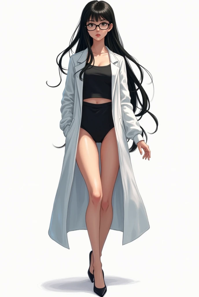 ((masterpiece:1.2, best quality)), ultra-detailed, Ultra-precise depiction, Ultra-detailed depiction, cowboy shot, (front view:1.2), pointy hair, (lab coat:1.2), showing her butt, thick thighs, wet body, shiny skin, wet, armpit, (tan, shiny skin), many colors