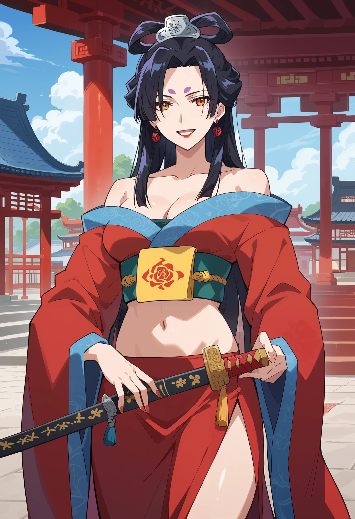 score_9, score_8_up, score_7_up, source_anime, rating_safe, BREAK 1girl, solo, looking at viewer, smile, J0ka, orange eyes, black hair, long hair, half updo, hair rings, parted bangs, sidelocks, facial mark, hair ornament, red lipstick, earrings, cleavage, red kimono, , masterpiece, best quality, highly detailed, a anime girl in kimono dress ,holding sword, bare shoulder,open kimono, evil smile, open mouth, crop top , (nsfw) not safe for work, smile, ecchi anime style, anime girls, ecchi style, digital anime art!!, in anime style, official artwork,beautiful girl, anime style 4 k, kimono pencil skirt, exposed belly, exposed navel, ,in a palace,exposed midriff, exposed lower belly, outdoor, japanese architecture, temple, nipple slip, dragon tattoo, tattoo midriff, rose tattoo, shiny skin
