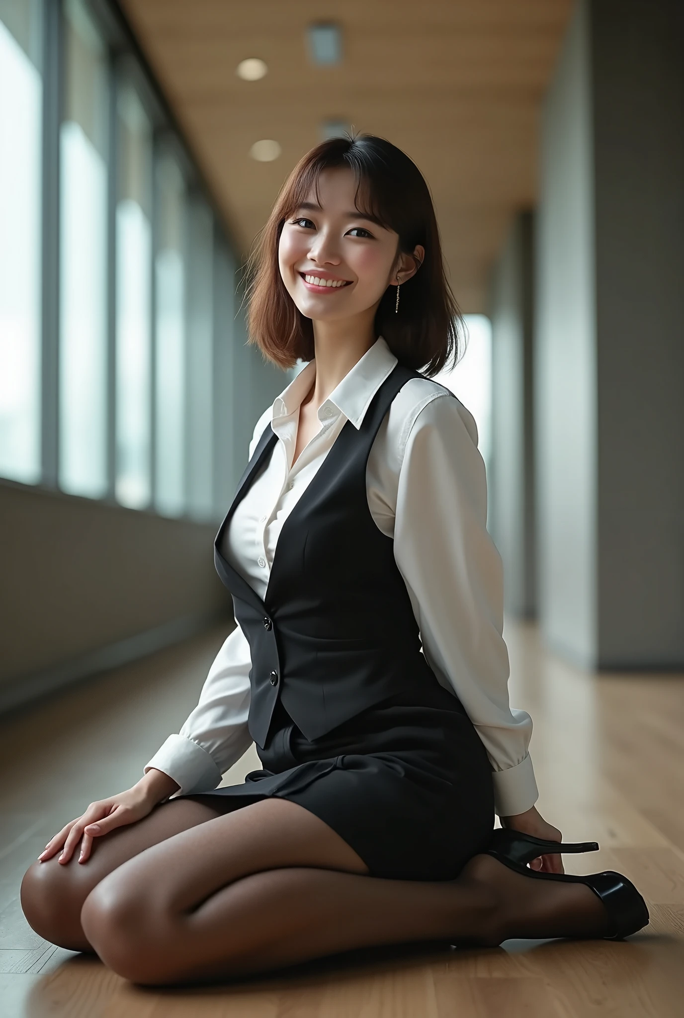 Pure Japanese young girl, outstanding body, beautiful legs, wearing formal suits, high heels, vivid makeup and lips, thick eyebrows, formal black hair styles, sweet smile, professional portrait photography, sitting in bright room, near by bright sunlight window,