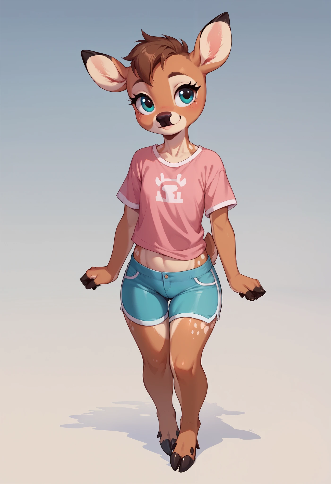 score_9, score_8_up, score_7_up, score_6_up, source_furry, 1girl, solo, cervine, (doe), (female deer), (deer), mammal, anthro, flat chest, (cub), tiny, long eyelashes, countershading, fpink shirt, 5 fingers, (tight fit), (zoomed out:1.2), (full body view)