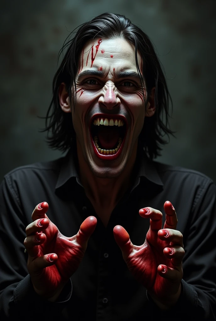 young man 19 years, ((best quality)), ((​masterpiece)), (detailed), (Full body), perfect face, a beautiful and sexy demon, he has black hair and sky blue eyes, his teeth are sharp and pointed. His hands are stained with blood., scary smile, vampire teeth