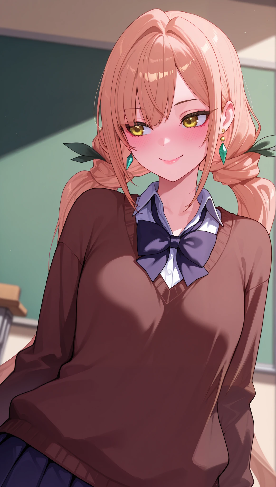 (masterpiece), (portrait), small  (aesthetics), ((1 female 21 years old)), Highlight earrings), ((long hair, bow in her hair)), ((Hot crystal light brown hair, long pigtails, bows in the hair)), ((Karane Inda)) straight hair, thin eyes open, cold look, yellow eyes, cute, , blushing, beautiful smile shy happy, lane, woman, feminine, beautiful, female features, top, high quality, aesthetic clothing, professional angle, (rule of thirds), (feminine), , (beautiful) , (female), solo, (Korean attractive), summer, (ink haze), (afternoon), (vibrant light),  posture, ((face looking forward))), Karane Inda, school uniform, brown sweater long sleeves, pleated skirt, sensual ((Energy)), (Bold Makeup), (), Fair Skin, (Clothes with Hip Hop Details), (a hot Karane Inda, sculptural body,  pose), (Sleep Neckline), Beautiful Hands, Body beautiful, beautiful ears, beautiful eyes, bright eyes, beautiful mouth, beautiful lips, classroom