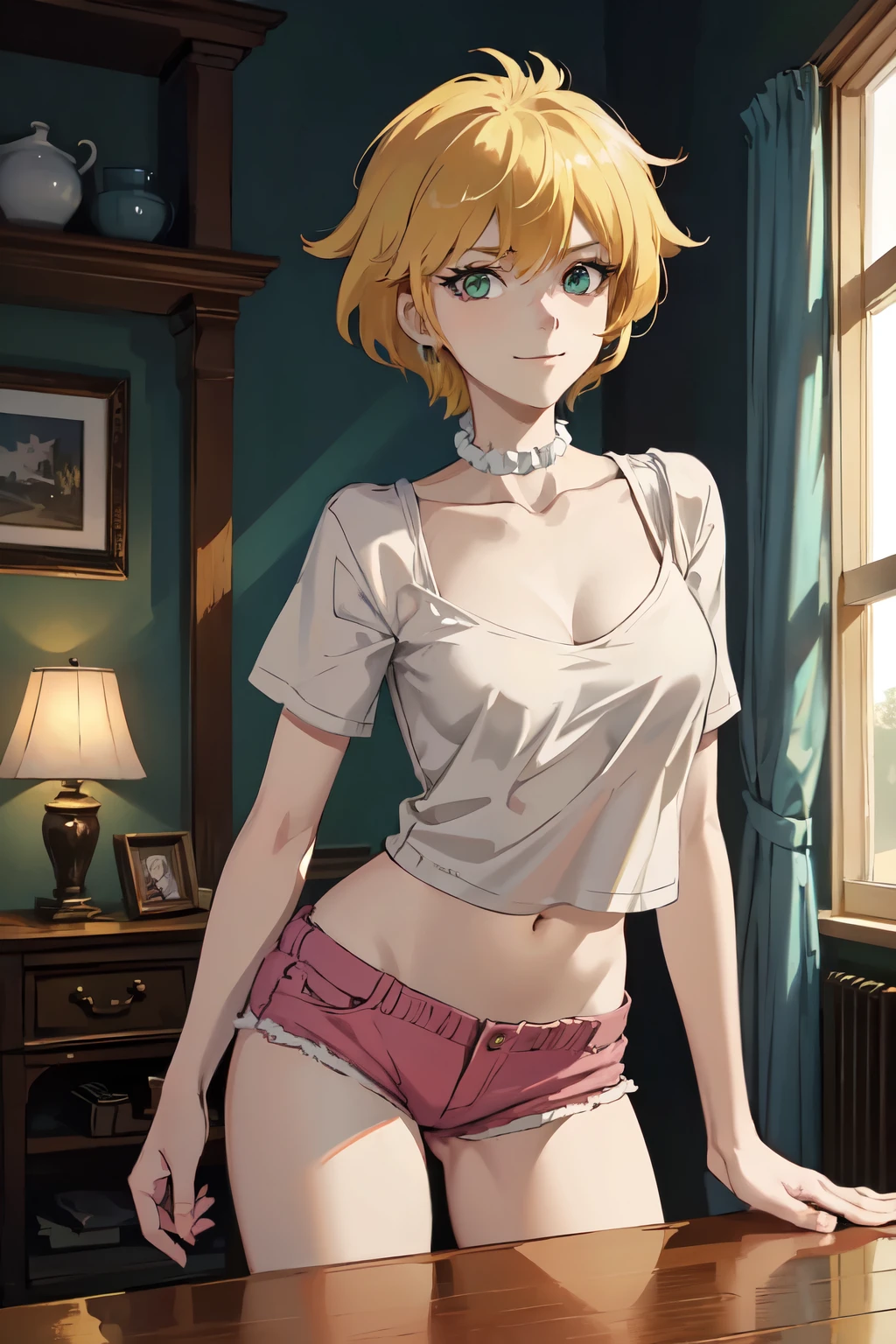 masterpiece, best quality, detailed,Super high quality,perfect anatomy,beautiful light and shadow, ,Beautiful white skin ,blonde hair, green eyes,slim, young woman in her late 10s ,1girl,,Various poses, solo, living room at night, very detailed eyes, smiling anime style high quality 8k digital painting, wearing a t-shirt, sfw, short hair, (Lisa Simpson), pink hot shorts,