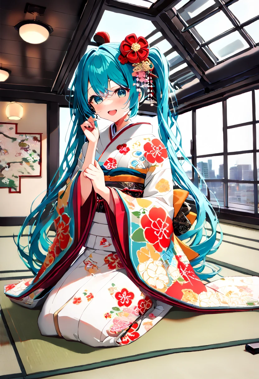 (hatsune miku:1.2), (kimono, wide sleeves, plum blossom pattern:1.4), (kanzashi:1.4), (seiza:1.4), (cowboy shot:1.4), (happy new year:1.4), (luxurious penthouse, indoor rooftop japanese-style room, tatami:1.4), 