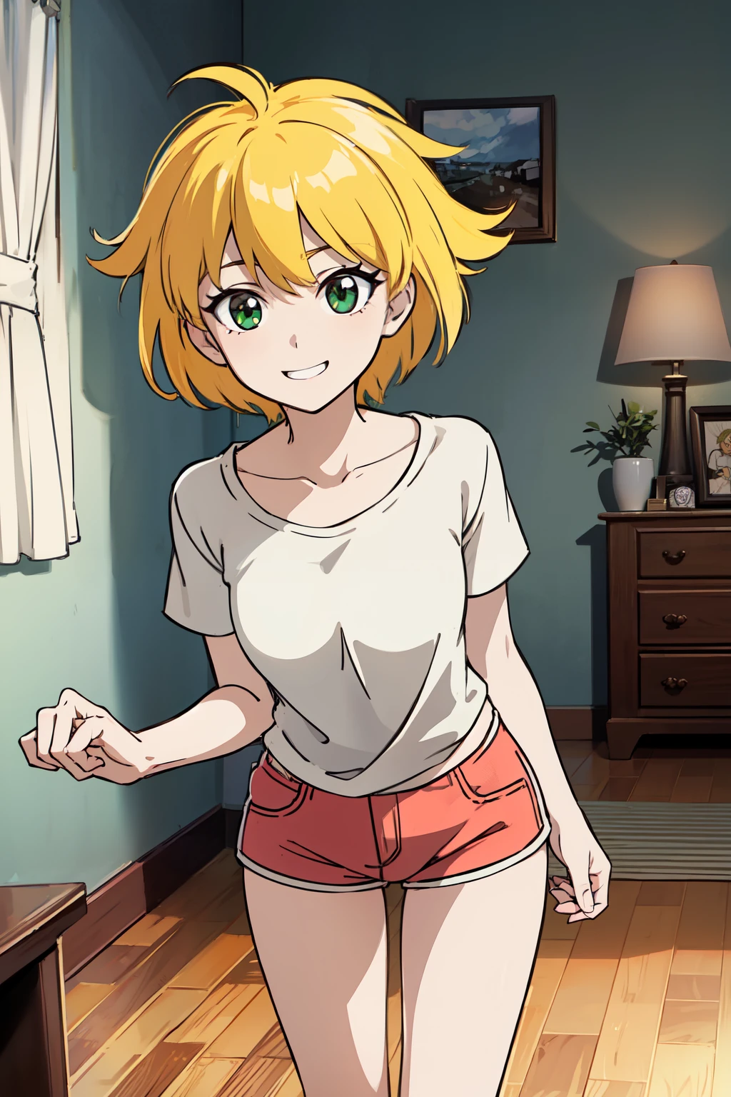 masterpiece:1.2, best quality, detailed,Super high quality,perfect anatomy,beautiful light and shadow, ,Beautiful white skin ,blonde hair, green eyes,slim, young woman in her late 10s ,1girl,,Various poses, solo, living room at night, very detailed eyes, smiling, anime style , 8k digital painting, wearing a t-shirt, sfw, short hair, (Lisa Simpson), pink hot shorts,