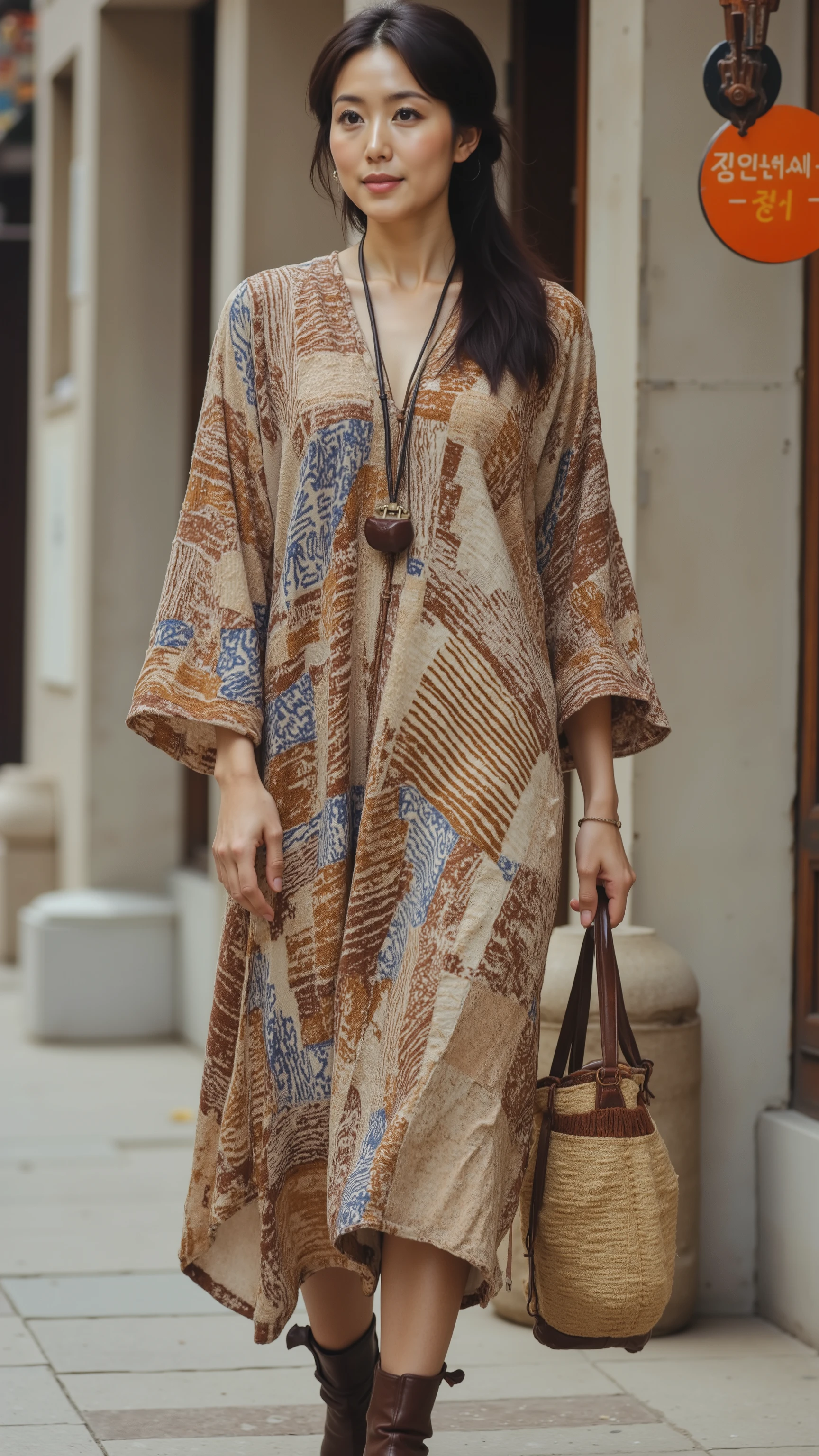 UHD, 16k, Masterpiece, top quality, Surrealism, Korean middle-aged woman,  ((  Long-sleeve knee-length dresses with brown, beige and blue horizontal stripes, with stripes arranged in a rather irregular pattern, patchwork effect, loose fit, brown ankle boots, light brown woven tote bag, long dark material necklace with small pendant, bohemian ))